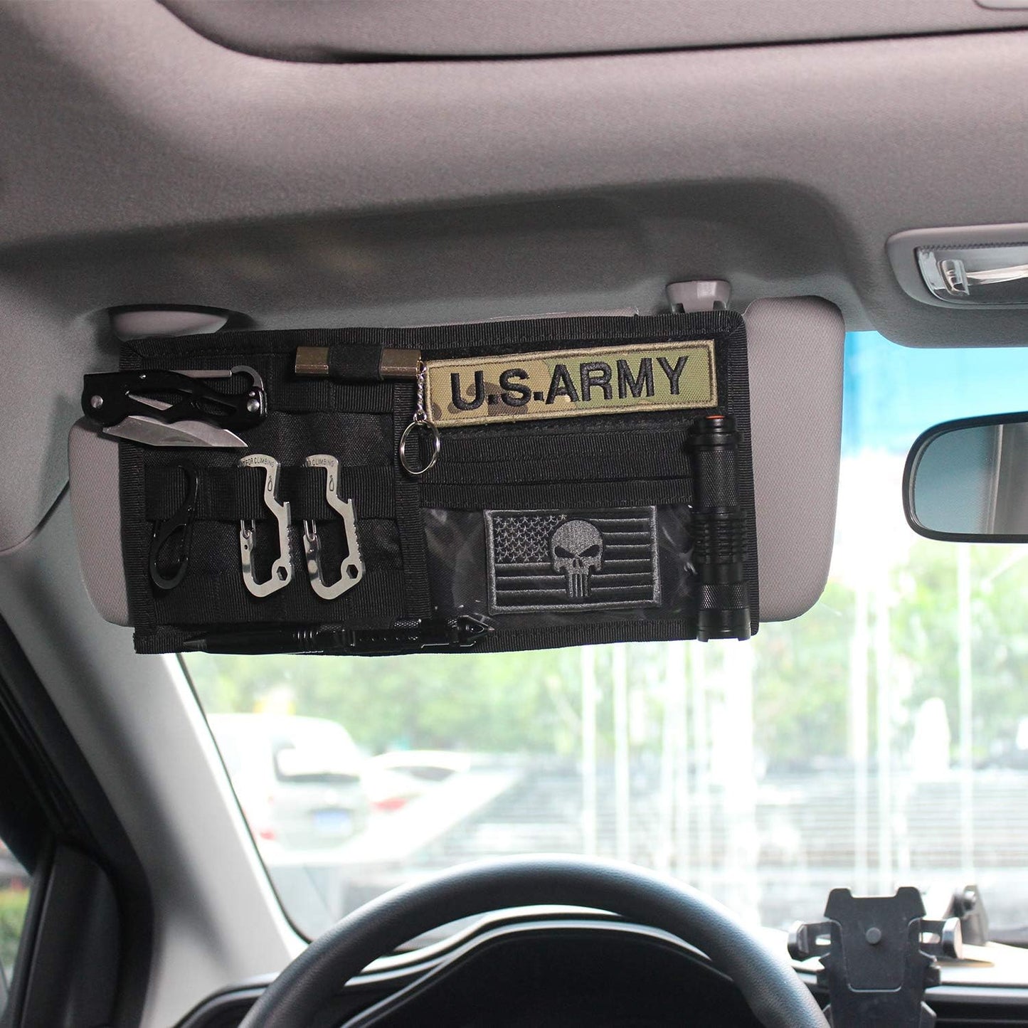 WYNEX Car Sun Visor Organizer with MOLLE Panel | Universal Car Storage Pouch, Compatible Sedan, Suvs, and Vans | for Small Tools, Glasses & Documents