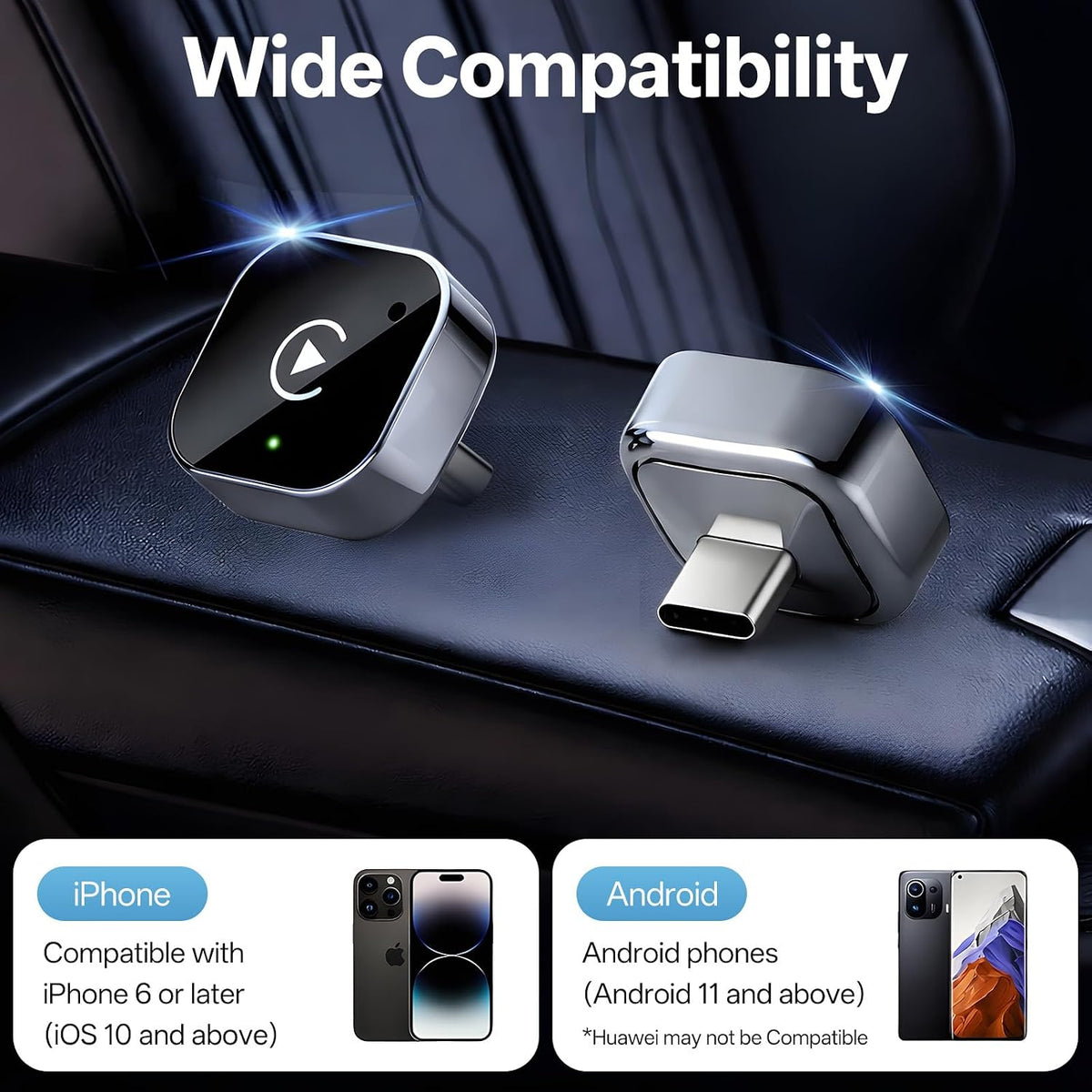 Wireless CarPlay Adapter, Mini USB-C Dongle with 5GHz WiFi, Converts Wired to Wireless CarPlay & Android Auto, Plug & Play, Auto Reconnect, No Lag, for 2016+ Cars, USB-A Adapter Included