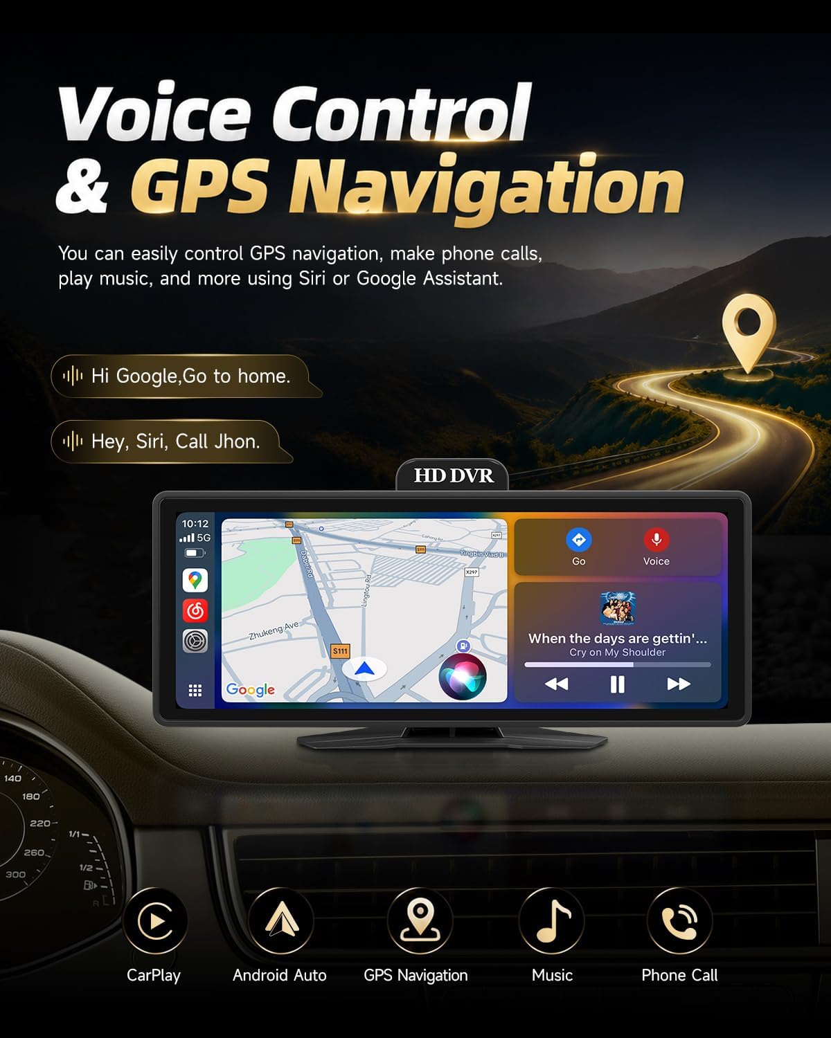 10.26'' Portable Carplay Screen for Car with Dash Cam & Backup Camera