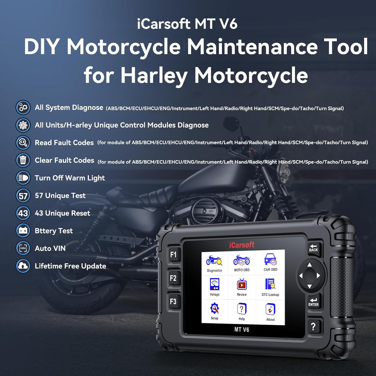 iCarsoft MT V6 Motorcycle Diagnostic Scan Tool for Harley, 57 Reset Services, 43 Actuation Test, Battery Test, All Motorbike System Diagnose, Read/Clear Codes, Live Data,Also Car OBD2 Diagnose