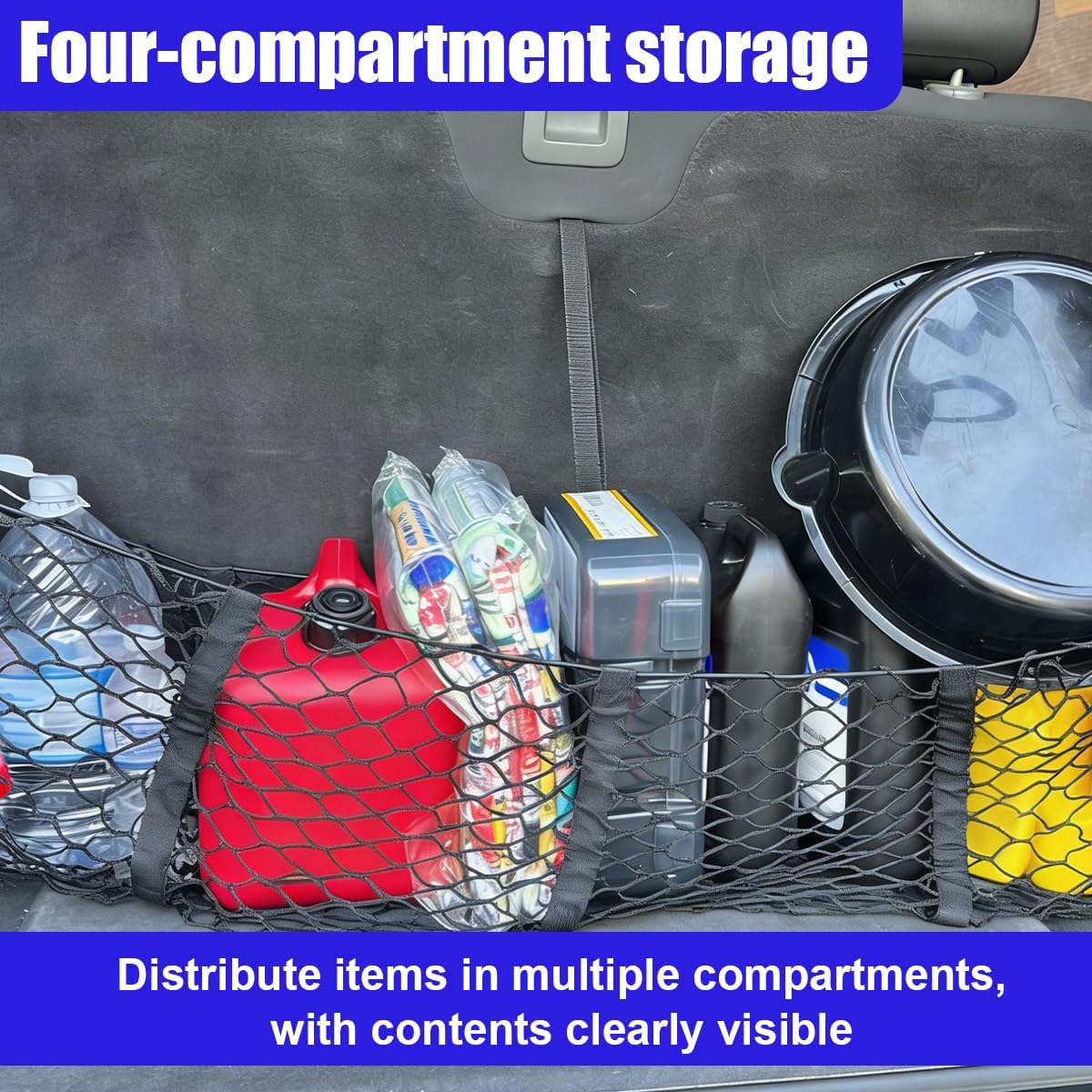 4 Pocket Truck Bed Cargo Net, Adjustable Elastic Mesh Storage Net with 4 Metal Carabiners, Universal Heavy Duty Car Grocery Holder Organizer Accessories for Pickup, SUV (Black)