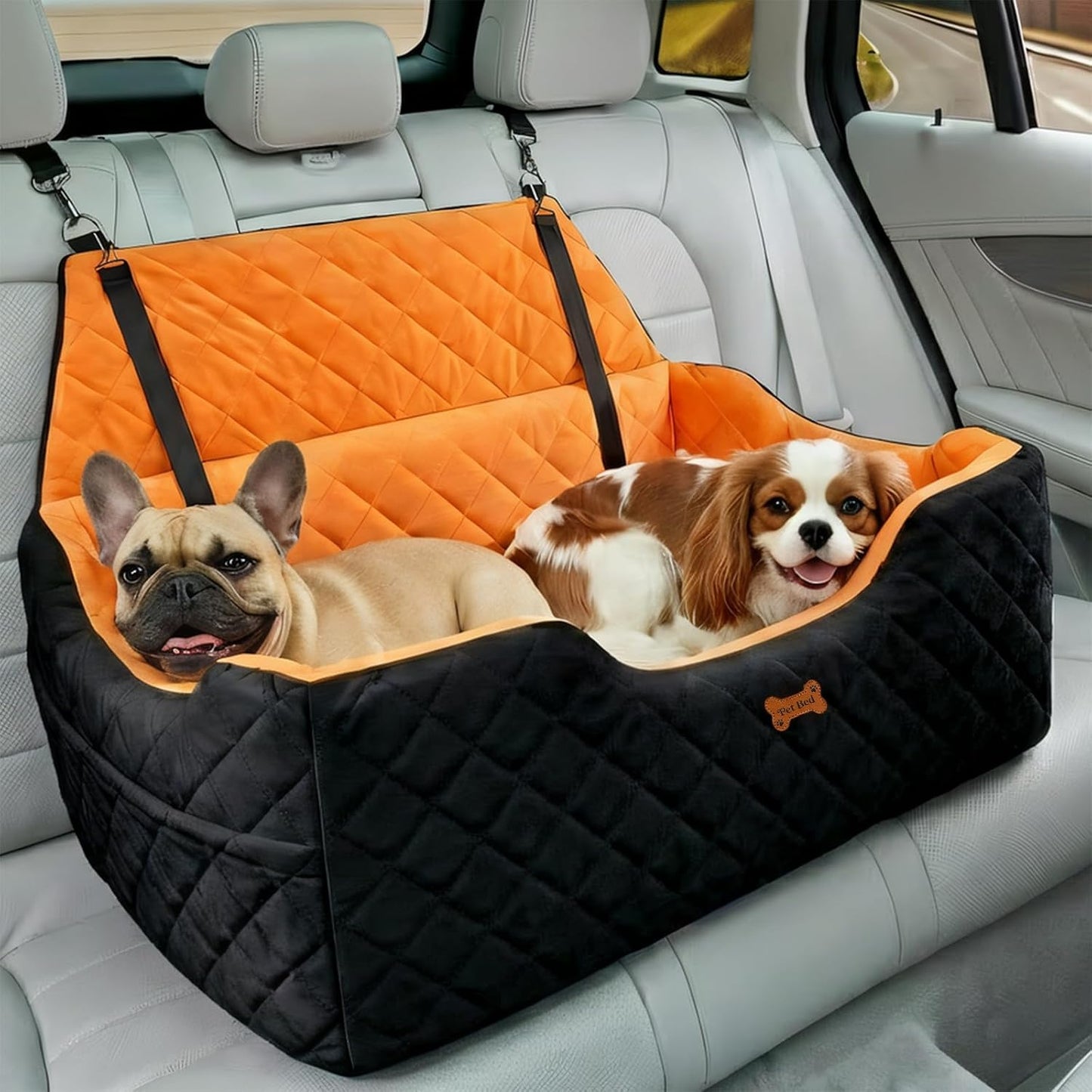 Dog Car Seat for Large Medium Dogs up to 55 lbs, Memory Foam Dog Booster Seat with Storage Pocket, 2 Safety Leashes,Washable Cover, Portable Anxiety Pet Travel Bed, Black