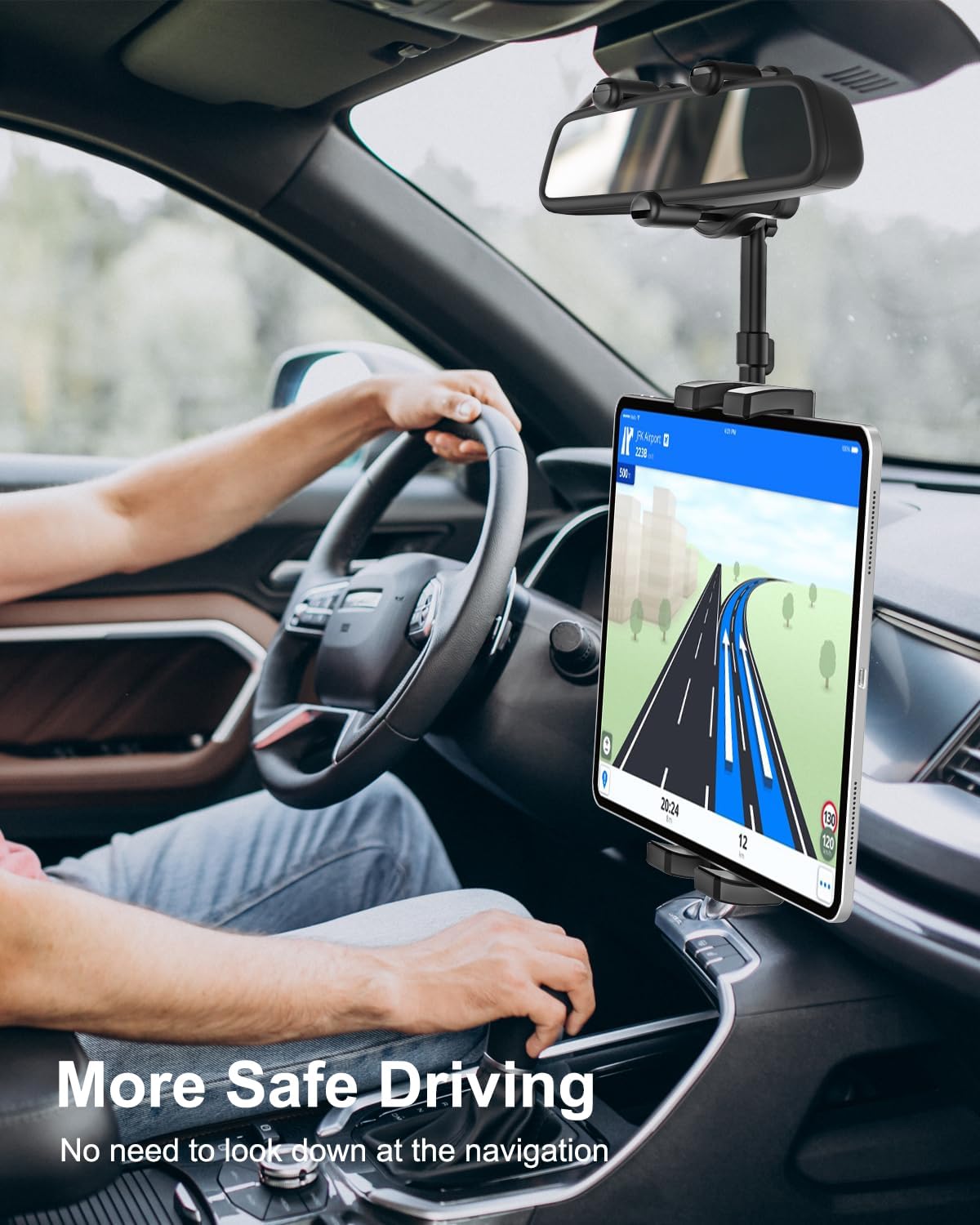 Rearview Mirror Tablet Holder for Car, Rear View Mirror Car Tablet Mount, 360° Rotatable Adjustable Universal Clip, for iPad Pro Air Mini, Galaxy Tabs, Z Fold, Fire HD, iPhone, 4.7-11" Devices
