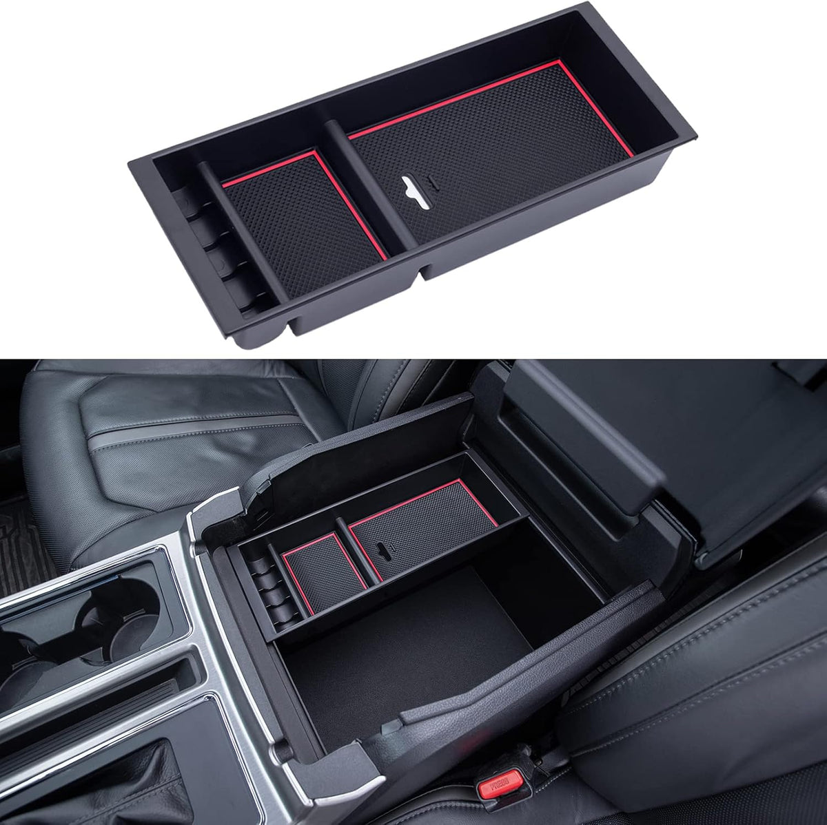 PIMCAR Center Console Organizer Tray for Ford F150 (2015-2020), Super Duty F250/F350/F450 (2017-2022), Expedition (2018-2024),ABS Plastic Single-Piece Design, Fits Factory Tray-Red Trim