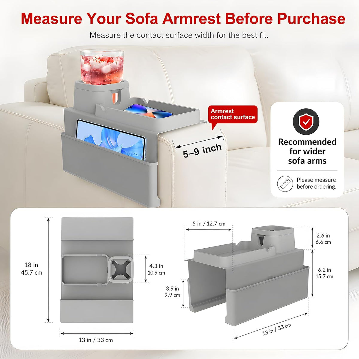 KindGa Couch Cup Holder Tray - Silicone Sofa Armrest Organizer Slate Gray