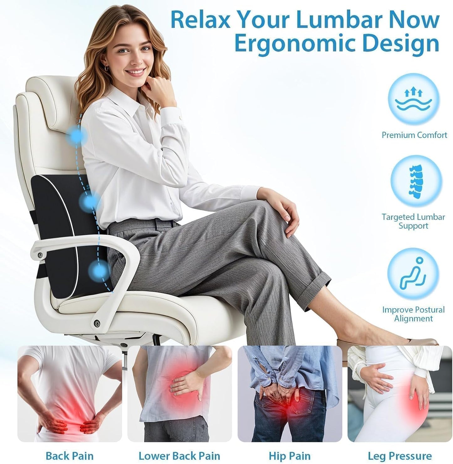 SweetSlubr Lumbar Support Pillow for Office Chair, Car & Gaming Chair, Ergonomic Memory Foam Cushion for Back Comfort, Zoned Back Support, Double Adjustable Straps, Breathable Washable Cover, Black