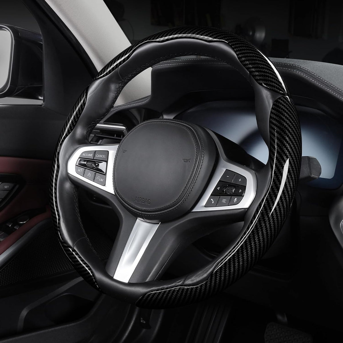 Carbon Fiber Steering Wheel Cover Universal 3pcs Protector Glossy Black