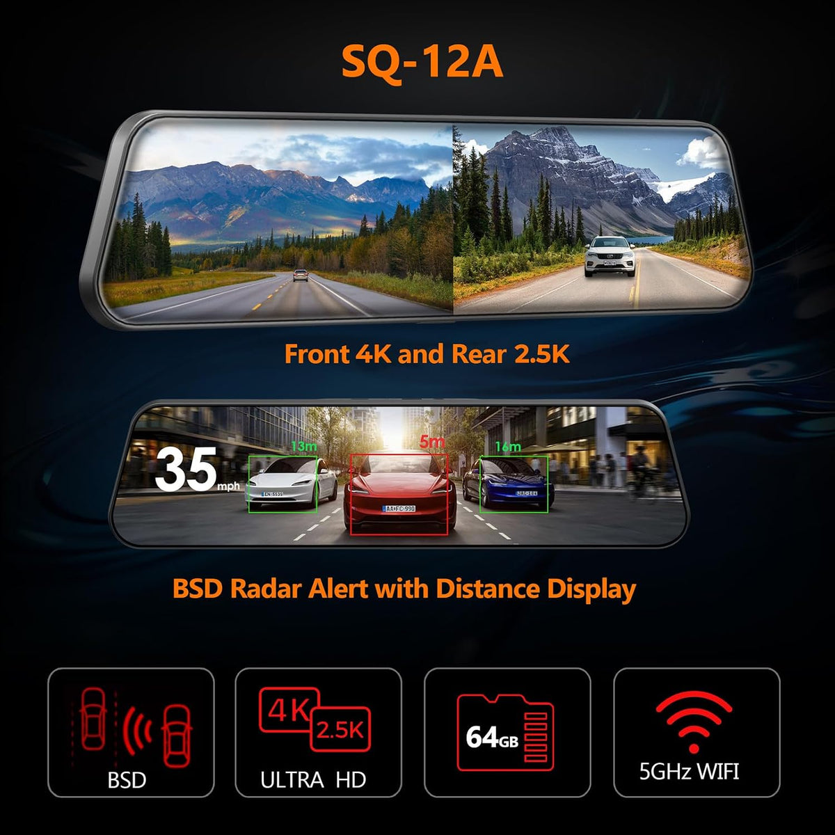 4K Mirror Dash Cam, 12" Touch Screen, STARVIS Front 4K, STARVIS 2 Rear, BSD