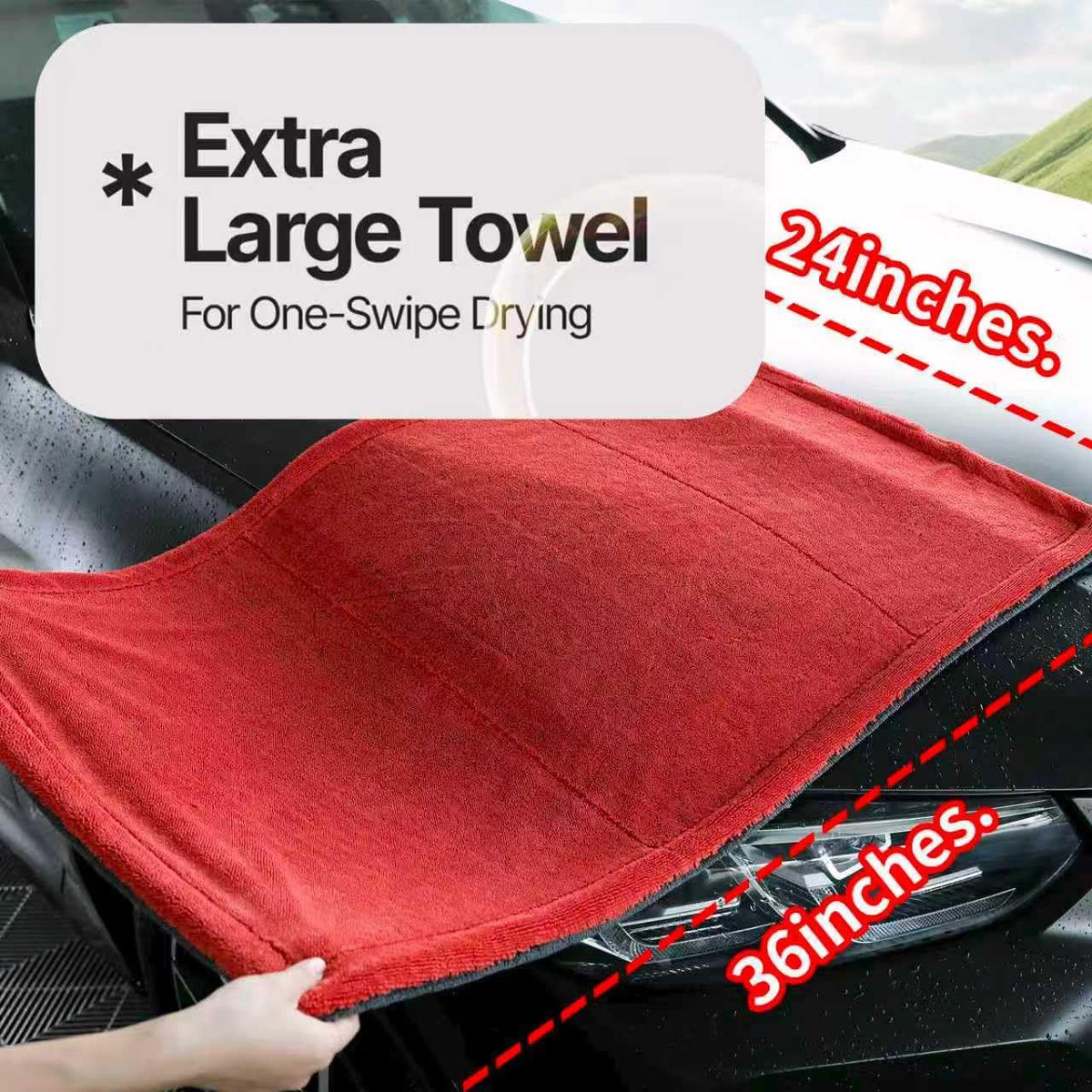 1400 GSM Car Drying Towel - 24x36 Inch Microfiber Twist Loop Towel for Cars, Ultra Absorbent Auto Detailing Towel, Scratch Free Streak Free, Red & Grey, 1 Pack