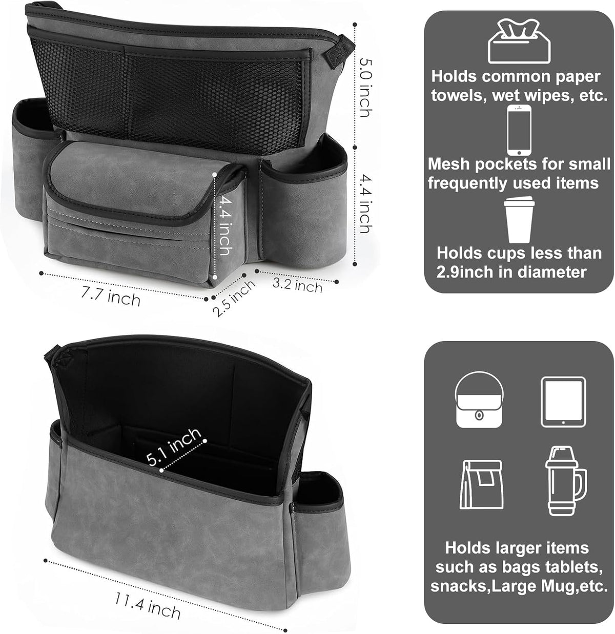 Car Handbag Holder Between Seats Suede Large Capacity Car Purse Holder Automotive Consoles, Fits Between Front Seats, Holds Wallet, Phone & Essentials (Grey)