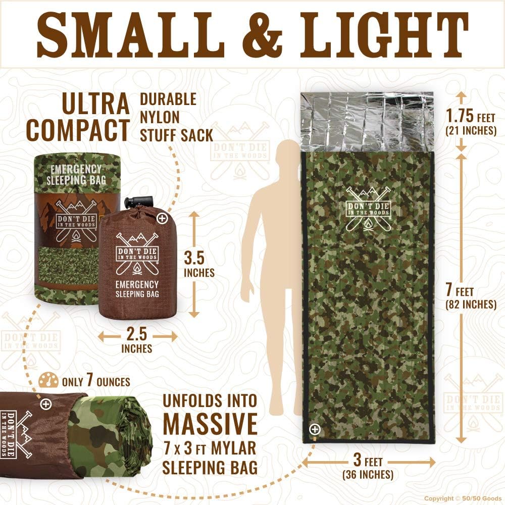 Don’t Die in The Woods - Emergency Sleeping Bag with Hood - Made with Extra Thick Thermal Mylar - for Hiking First Aid Kit Camping Blanket Survival Gear Essentials