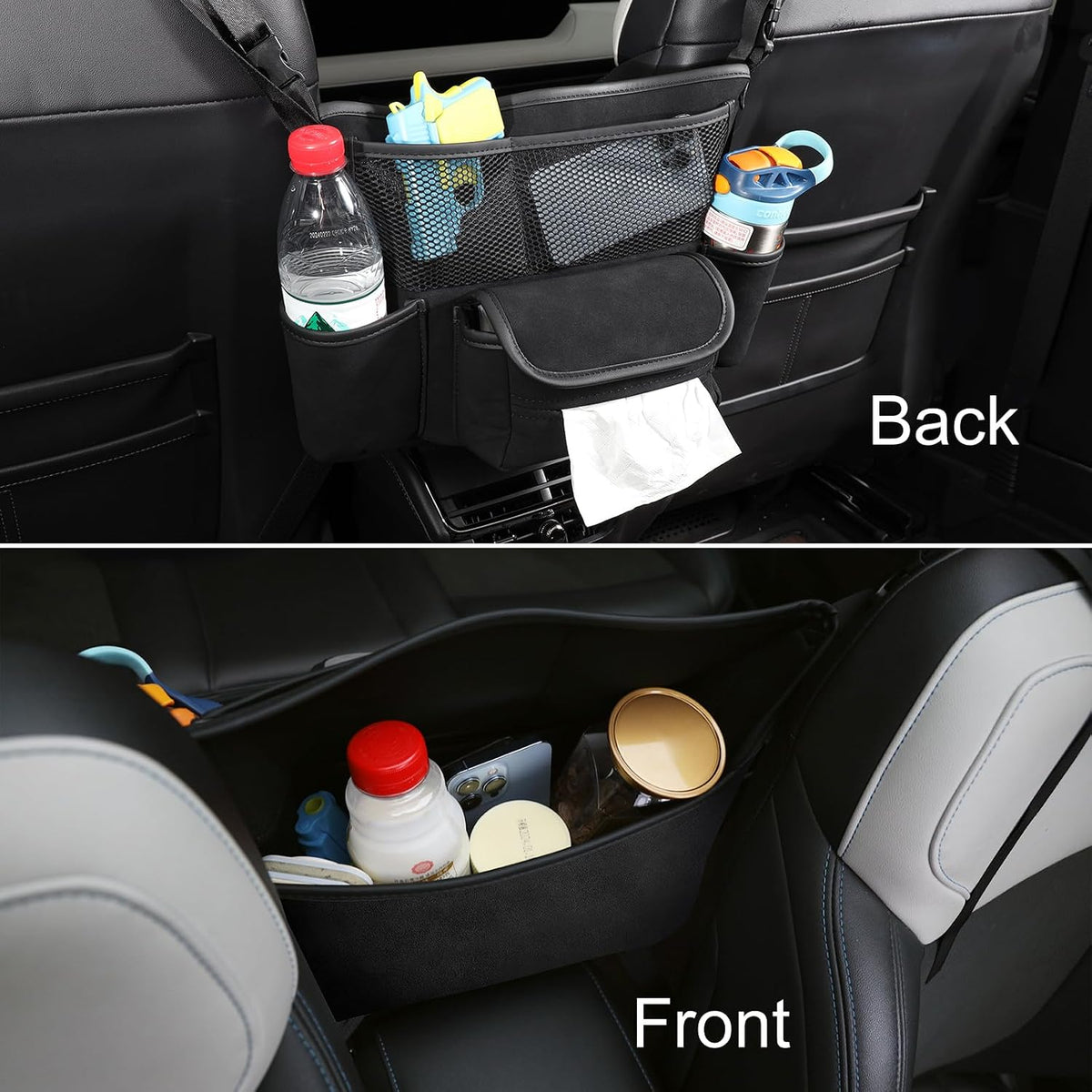 Leather Car Seat Organizer for Handbag/Purse – Fits Between Front Seats, Holds Wallet, Phone & Essentials. (Modle A/Black)