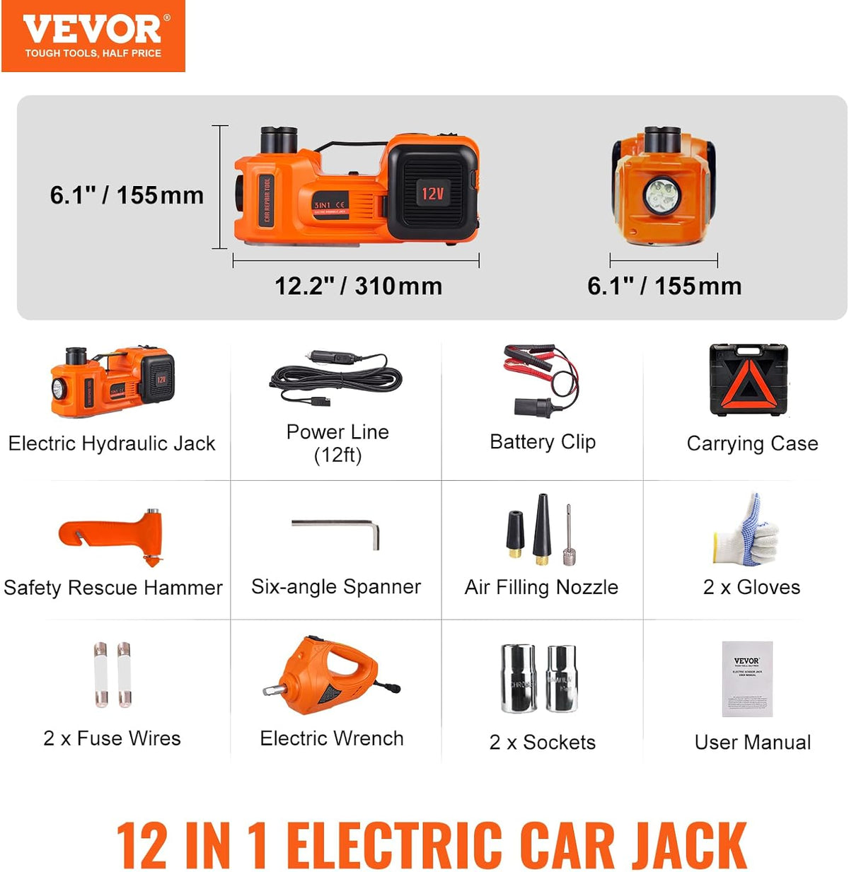 VEVOR Electric Car Jack 5 Ton with Electric Impact Wrench & Inflator Pump