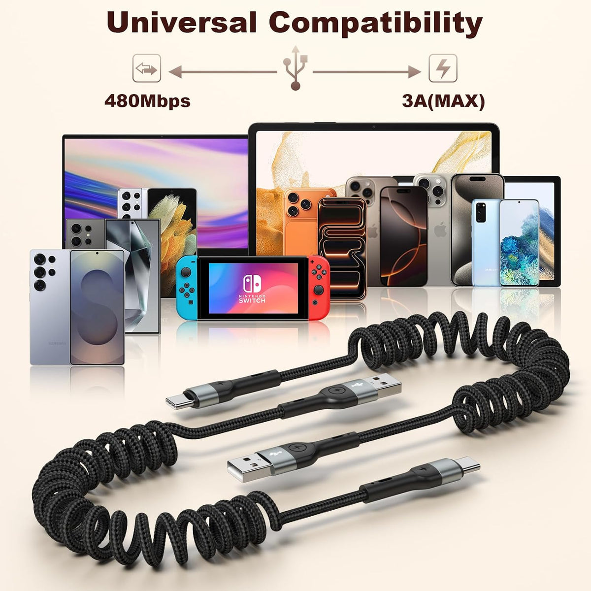 Coiled USB A to USB C Cable, iPhone Car Charger,Carplay Cord 2 Pack(3ft)