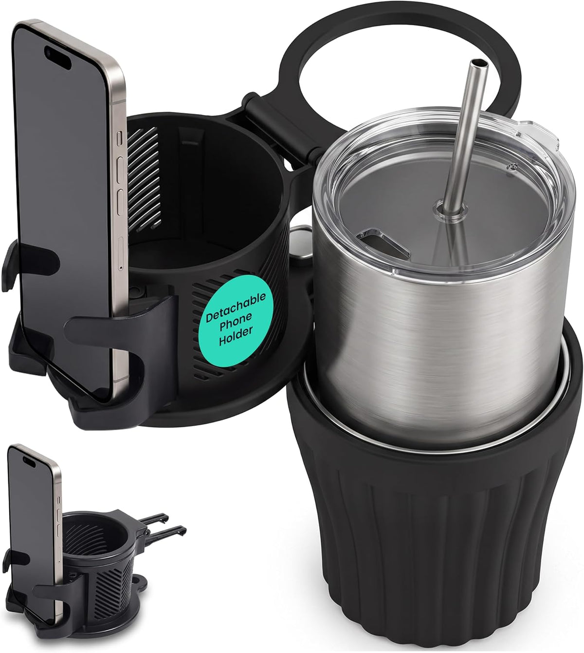 Car Cup Holder Extender with Adjustable Phone Holder, 360° Rotating Cup Holder Expander with Stainless Steel Liner, Fits Tumblers, Water Bottles, Coffee Cups & Soda Cans with Bases Under 78 mm.