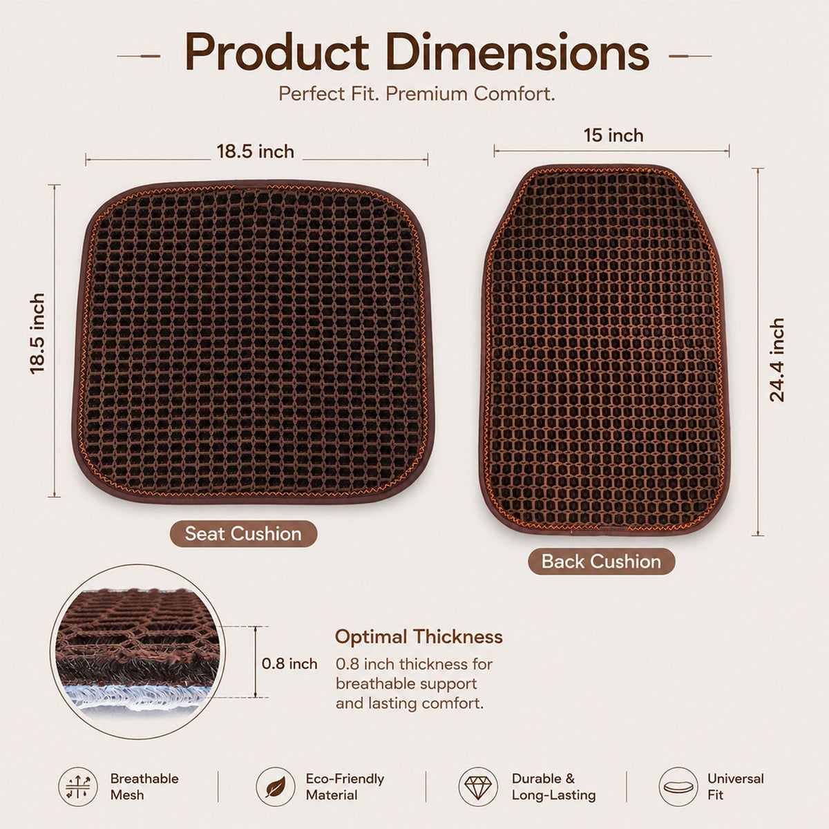 Cooling&Breathable 3D Air Mesh Car Seat Cushion for Summer, Universal Ventilated Comfortable Seat Pad, Suitable for Sedans,Vans,Pickup,Trucks,Suvs (Brown-1PcsBackCushion+1PcsSeatPad)