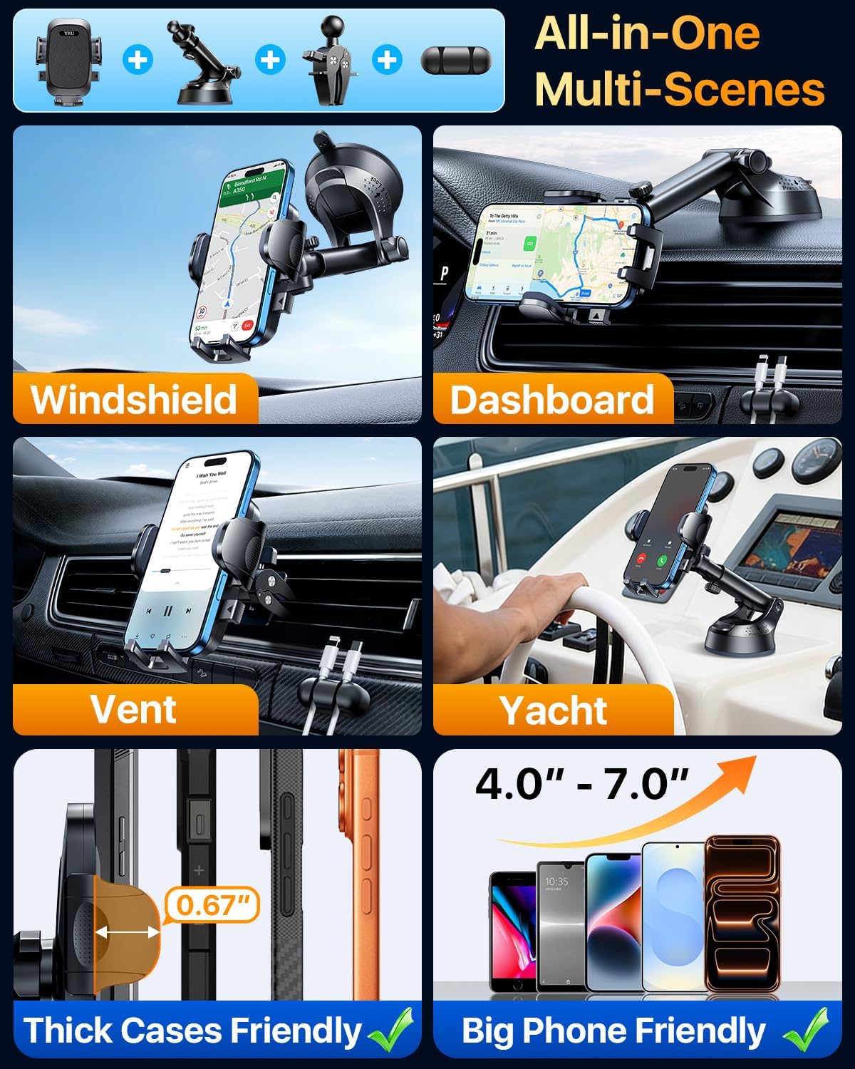 [True Upgrade for Safety] YRU Car Phone Holder Mount [Patent & Military-Grade] Dashboard Cell Phone Holder for Car Vent Windshield Phone Stand for iPhone17 16 15 14 13Pro Max Truck Samsung, Dark Black