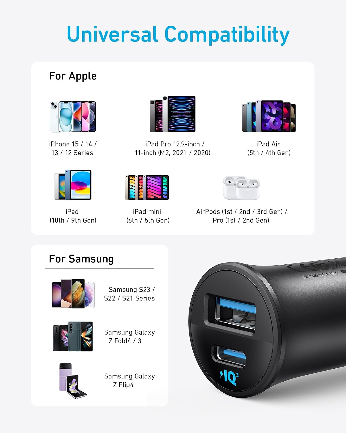 Anker 30W 2-Port PowerIQ 3.0 USB C iPhone Car Charger, Type-C Car Adapter