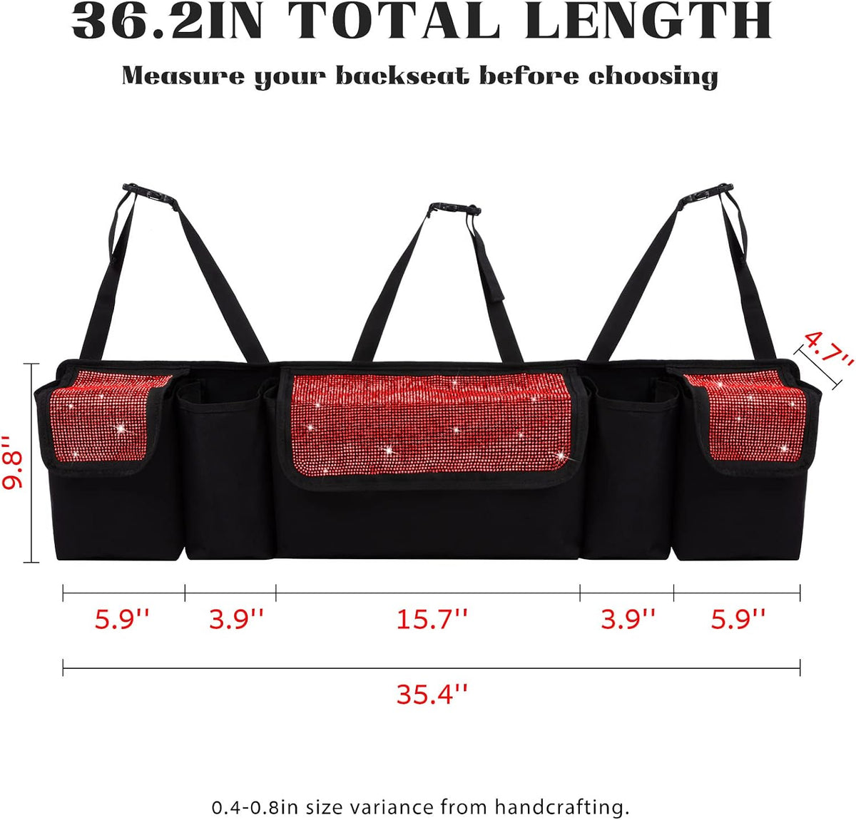 eing Car Trunk Organizer and Storage, Backseat Hanging Organizer for SUV, Truck, MPV, Waterproof, Collapsible Cargo Storage Bag with 5 Pockets, Bling Car Interior Accessories for Women,Red