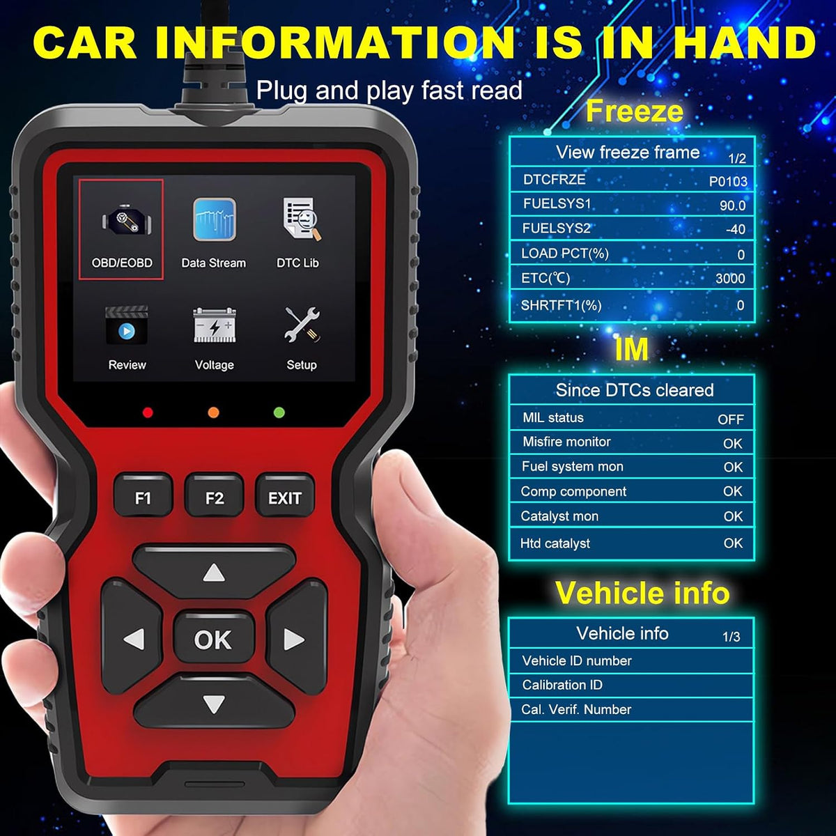 Yourkar OBD2 Scanner Diagnostic Tool, Code Reader OBD II Scanner with Reset & Live Data, Professional Check Engine Fault Code Reader I/M Readiness for OBD2 Cars, Car Accessories