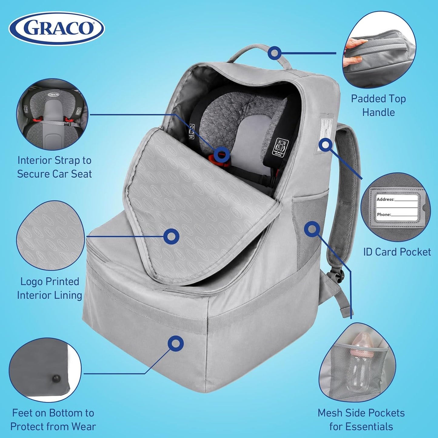 Graco Padded Car Seat Travel Bag & Infant Carrier Backpack, Gray | Durable Large Back Pack for Carseats & Booster Seats, Airport Gate Check Bag Luggage, Water Resistant Material