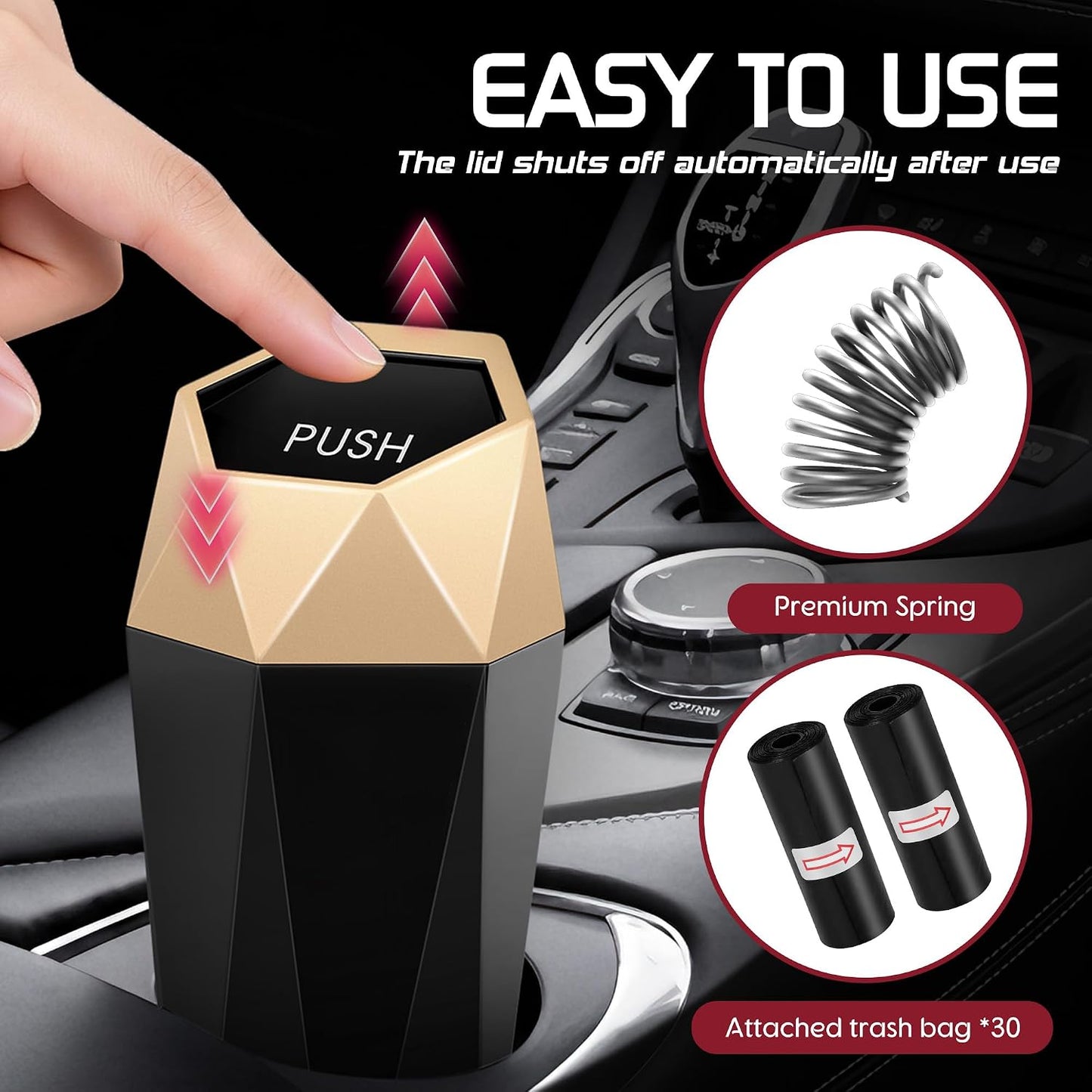 Car Trash Can with Lid, Mini Car Trash Cup with 30 Additional Trash Bags, Car Accessories for Interior, Leakproof Vehicle Garbage Bin for Car, Home, Office - 2 Packs, Gold