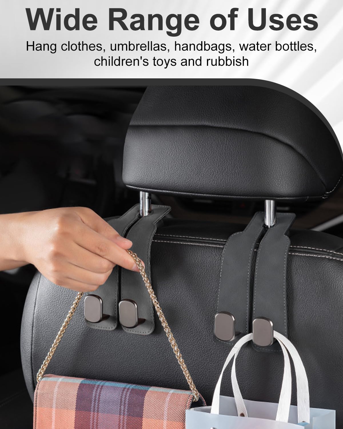 2 Pcs Car Hooks for Headrest, Adjustable Vehicle Seat Back Car Organizers and Storage Accessories, Universal Fit Double Metal Leather Purse Holder for Car (Grey)