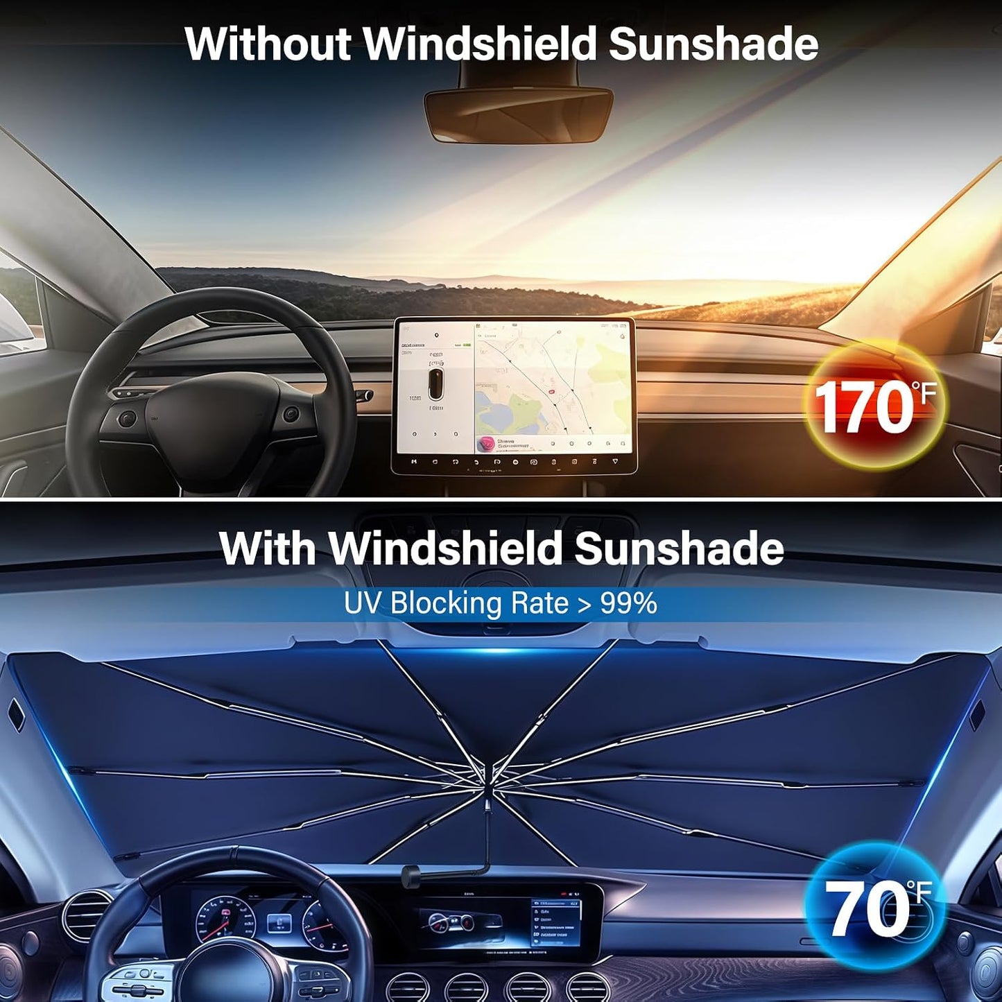 Windshield Sun Shade Umbrella - Foldable Car Window Shades, Reflective Car Sun Shade Windshield, Front Sun Shade for Cars Windshield for Hatchback, Truck, SUV, MPV (57"x31.5"), Sliver