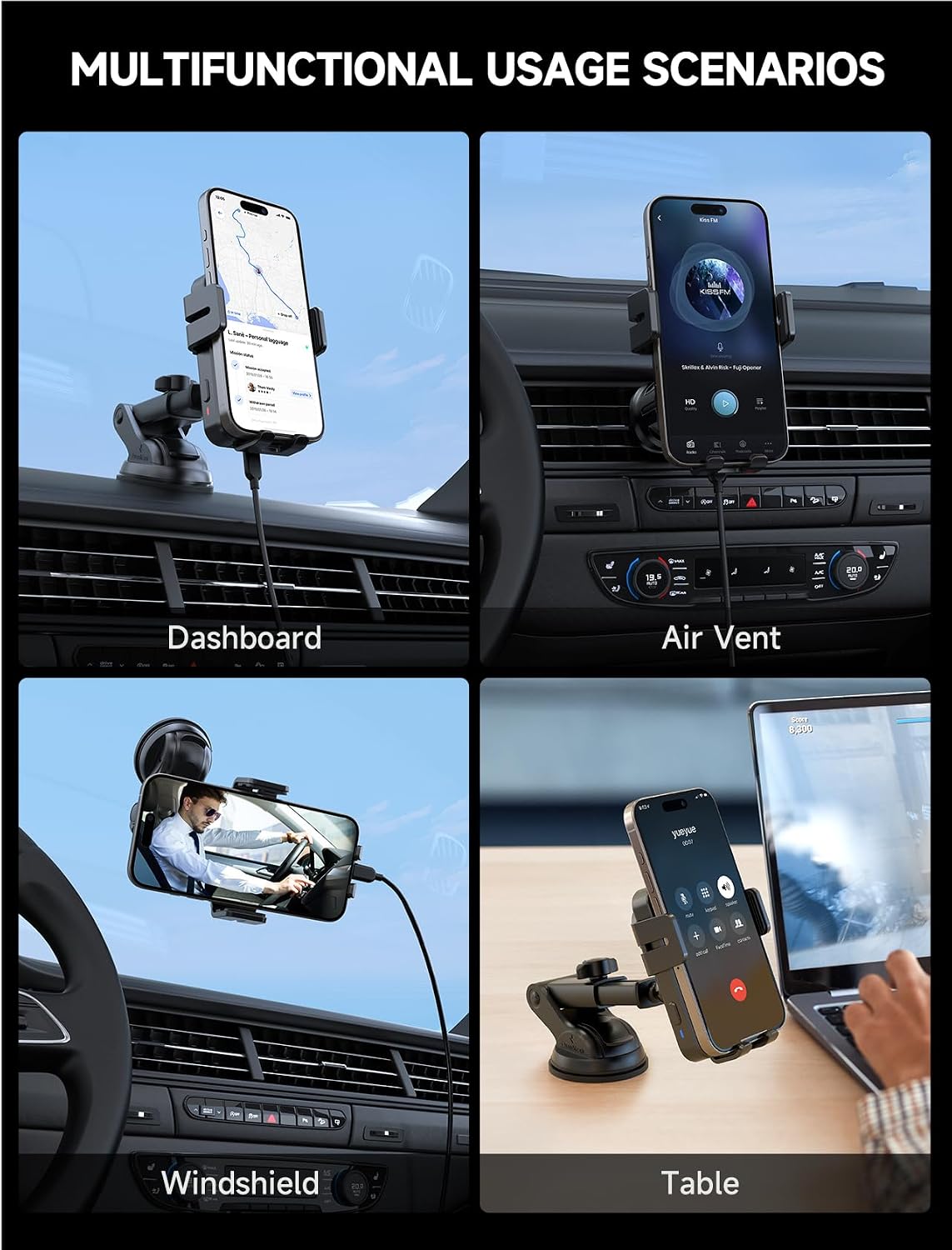 Wireless Car Charger 15W Auto Clamping Phone Holder Dash Windshield Vent