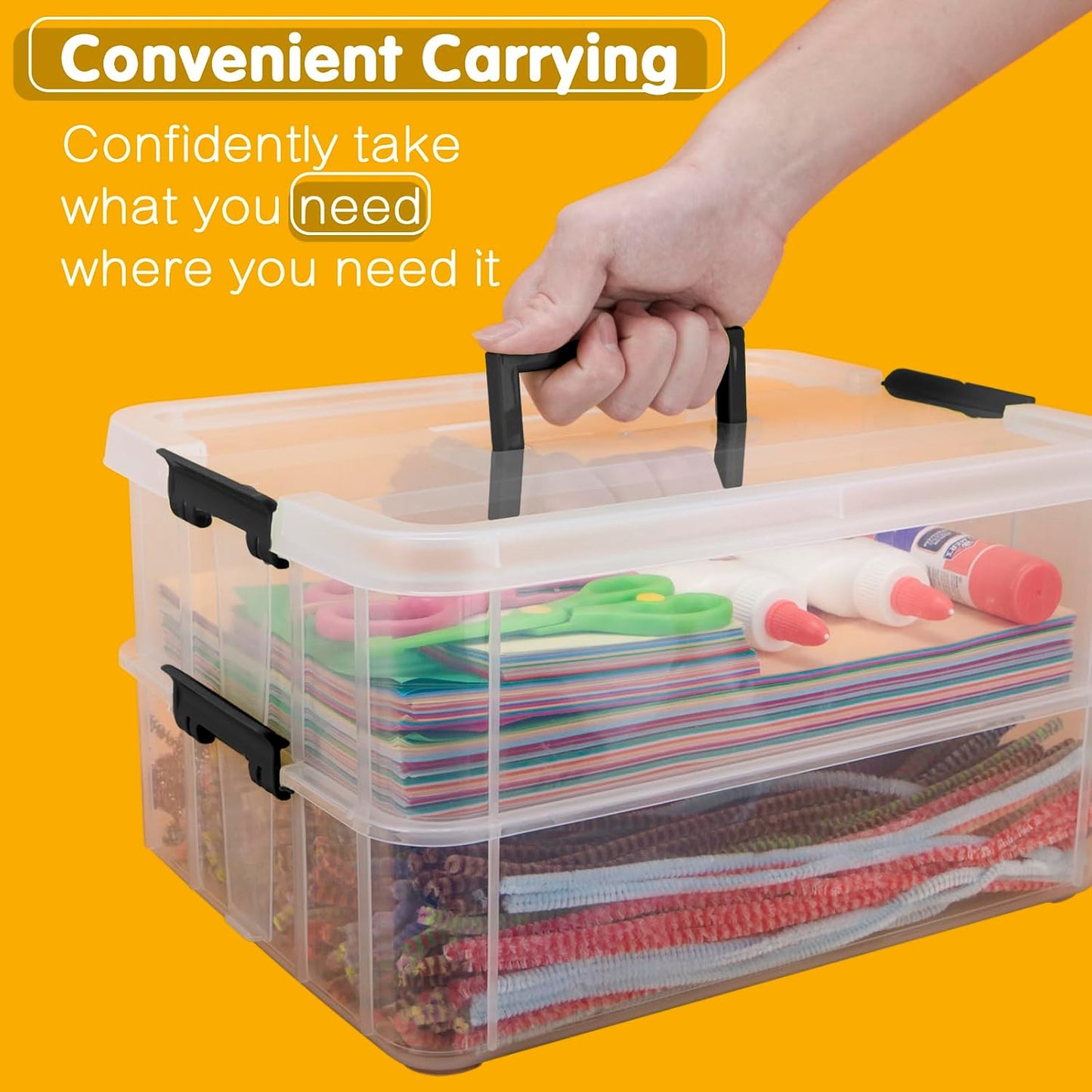 TERGOO 2 Layer Plastic Storage Containers with Lids, Multipurpose Clear Stack & Carry Box, Portable Craft Organizers and Storage Bin for Organizing Art & Craft, Sewing, Makeup, Nail Supplies (Black)