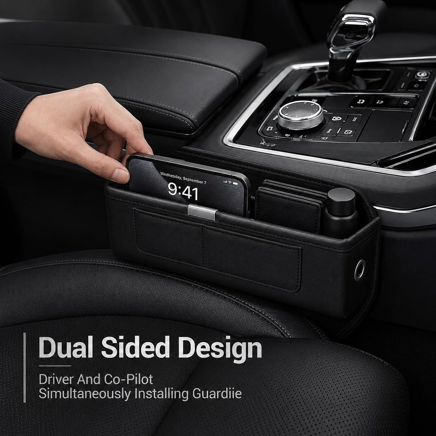 2Pack Universal Fit Premium Leather Car Seat Gap Filler Organizer, Center Console Organizer with Card Slots Front Seat Storage for Phone Cards Keys, Clever Gifts for SUV, Truck & Sedan, Black
