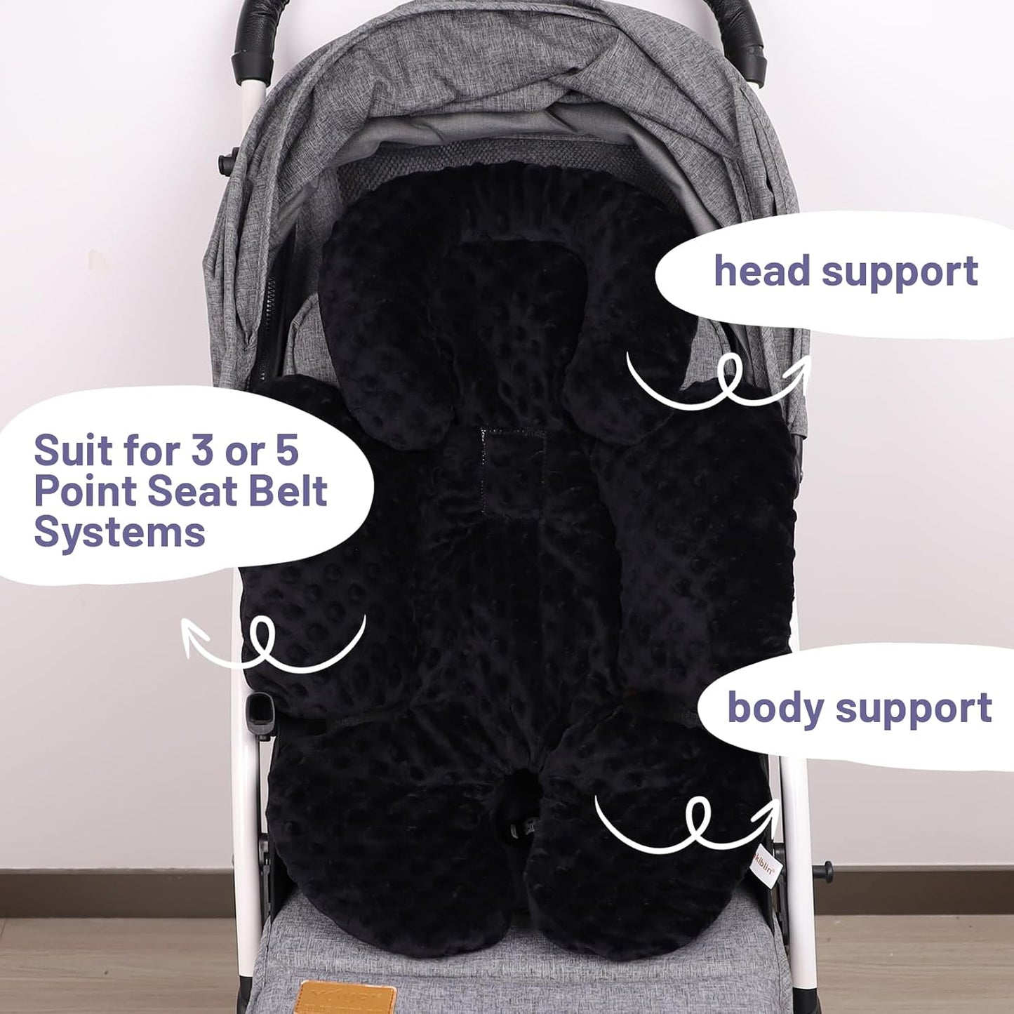 KAKIBLIN Infant Car Seat Insert, Baby Carseat Head & Body Support for Newborn, 2-in-1 Reversible Baby Car Seat Cushion, Soft Stroller Cushion Insert for Car Seats, Bouncer, Strollers, Swing (Black)