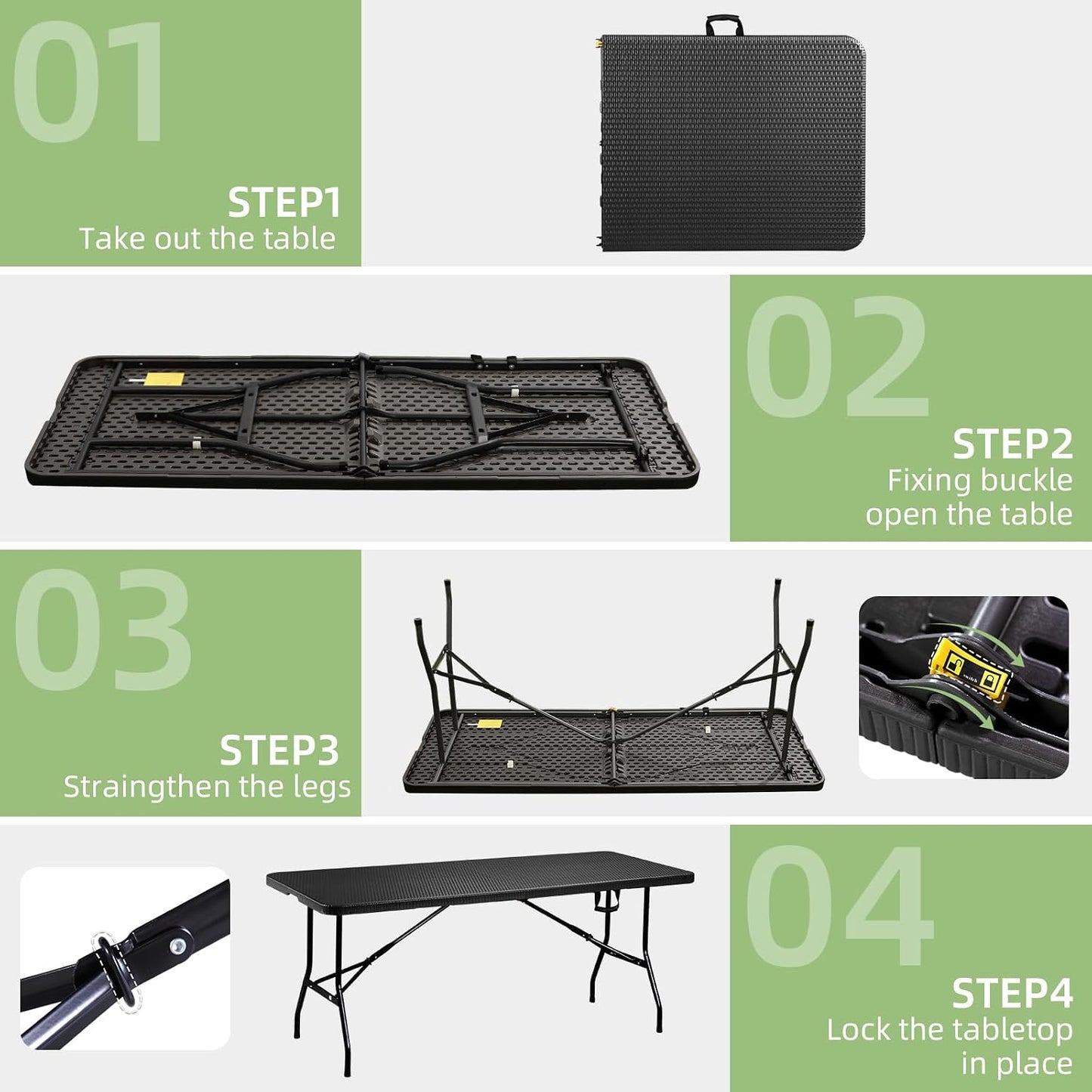 6FT Folding Table Portable Plastic Table with Carry Handle Fold-in-Half Utility Foldtable Table Black Ratten for Outdoor Party,Dining,Wedding,Camping,Picnic,Events