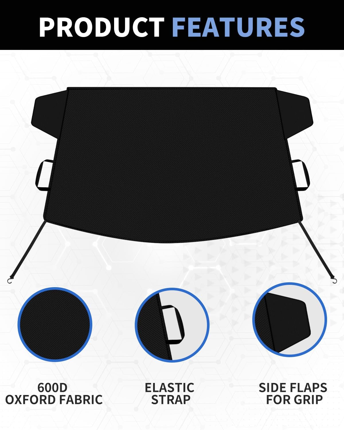 METOWARE 600D Windshield Cover - Heavy Duty All-Weather Sun Shade & Snow Frost Guard, UV Protector, Waterproof Windshield Protector with Mirror Covers for Cars, Sedans, Compact SUVs (69"x42")