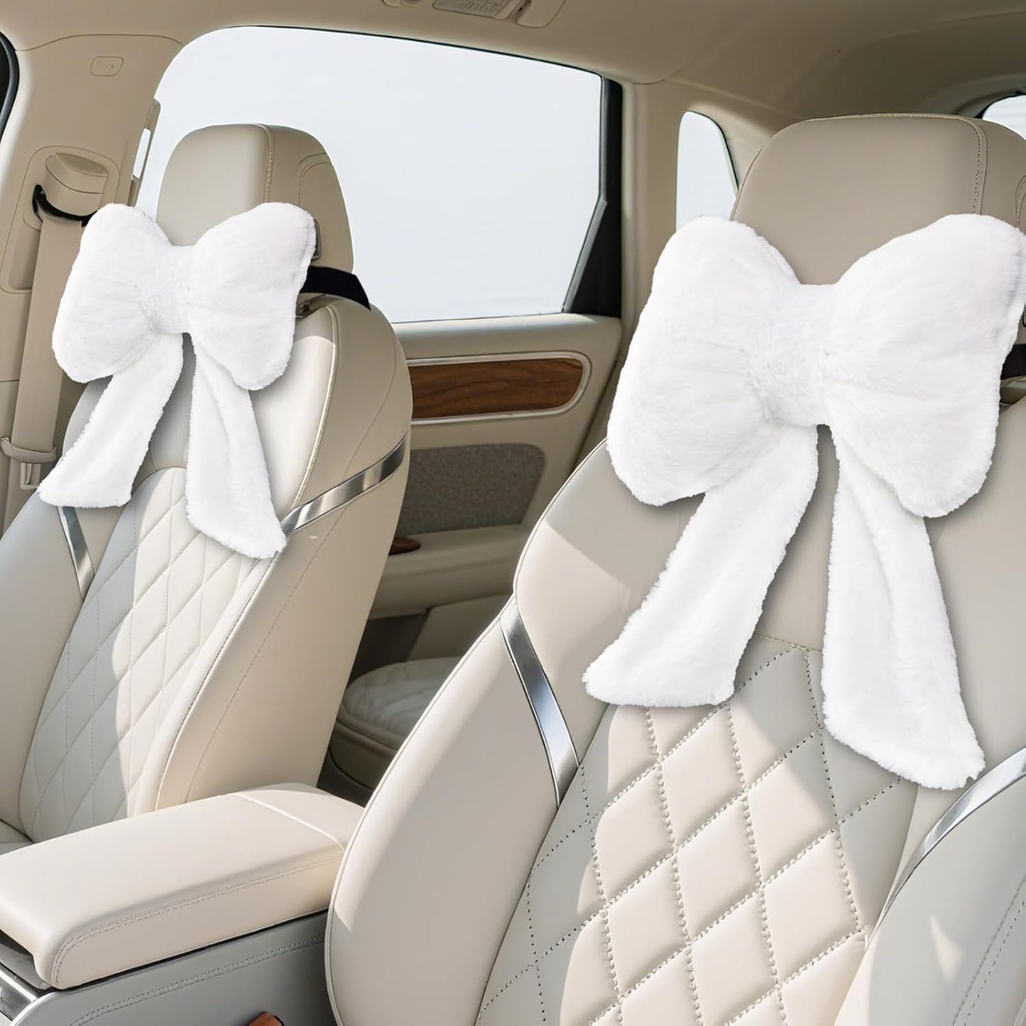 Bow Car Headrest Pillows Plush Car Neck Pillows for Travel Driving Office Chair Head Support Cushions, Also Cute Car Decor Accessories (2PCS Grey)