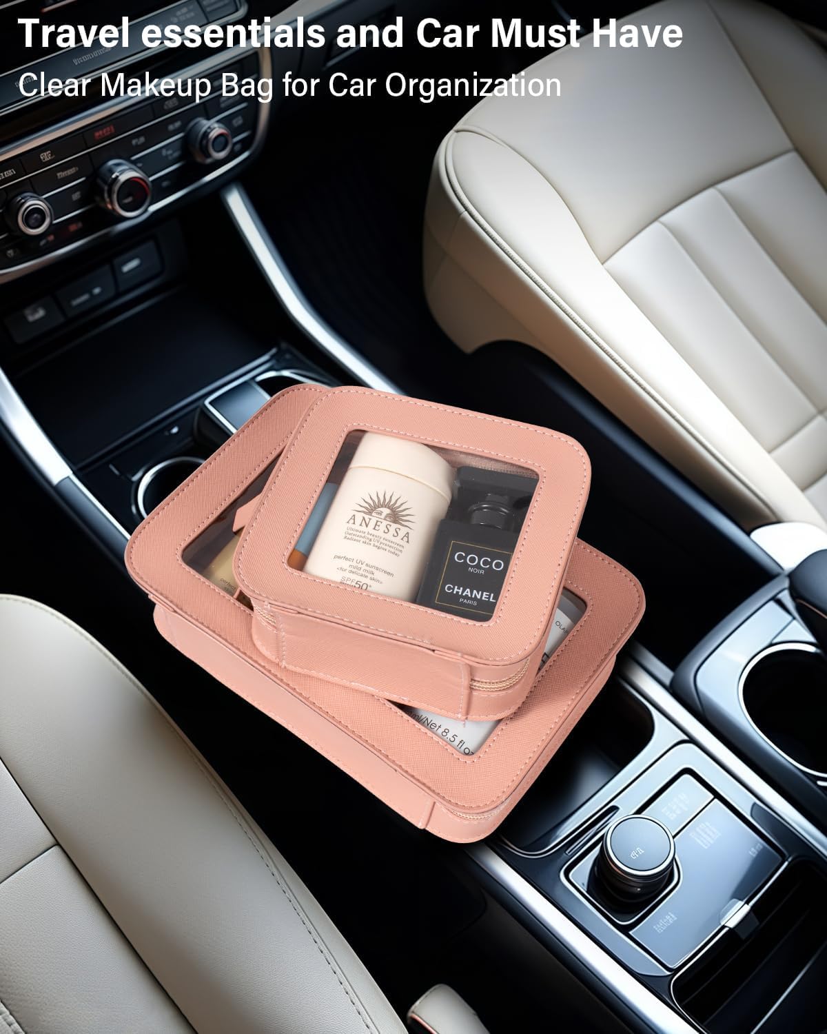 LETGO Clear Makeup Bag Set for Women Portable Clear Makeup Bag Cute Waterproof Travel Cosmetic Bag for Pink Car Accessories for Girls (Pink, Standard + Mini)