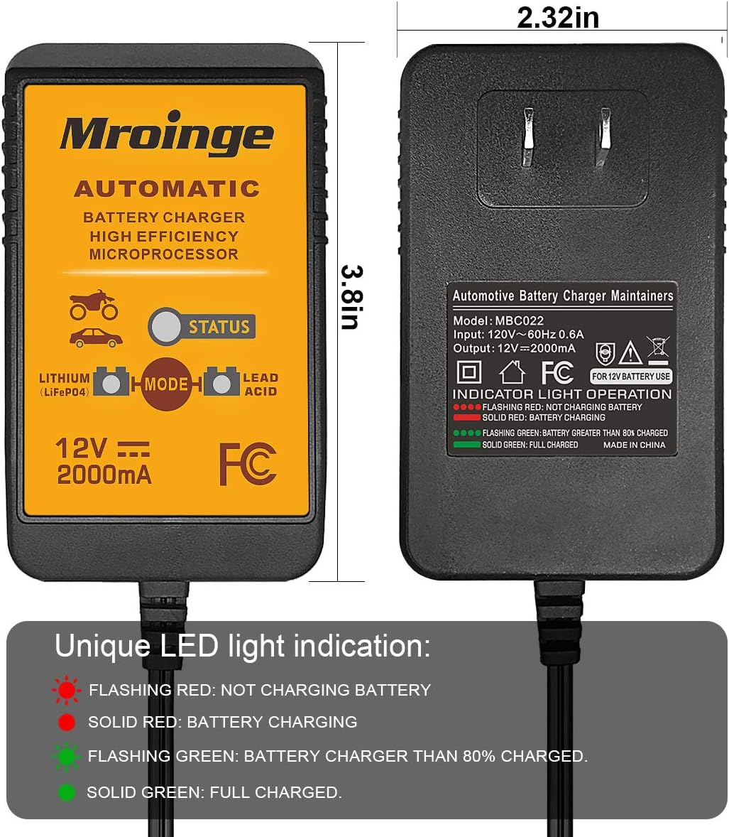 Mroinge MBC022, 12V 2A Lead Acid & Lithium(LiFePO4) Automatic Trickle Battery Charger Smart Battery Maintainer for Car Motorcycle Lawn Mower Boat ATV SLA AGM Gel Lithium(LiFePO4) and More Batteries