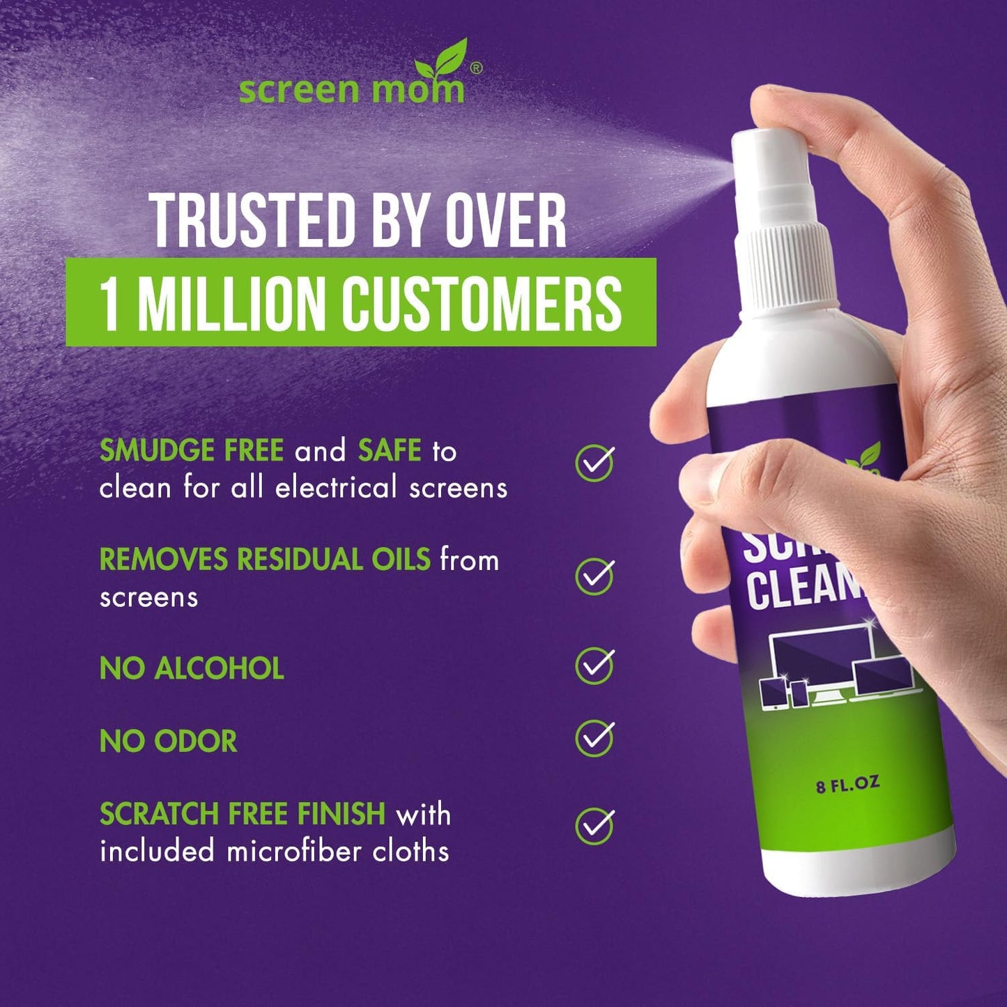 Screen Mom Screen Cleaner Spray 8oz & 2oz for TV, Car, Laptop and Computer | Streak-Free Formula, Alcohol & Ammonia Free, 4 Microfiber Cloths, Cleans TVs Phones Tablets Glass OLED, Residue-Free Cleaning