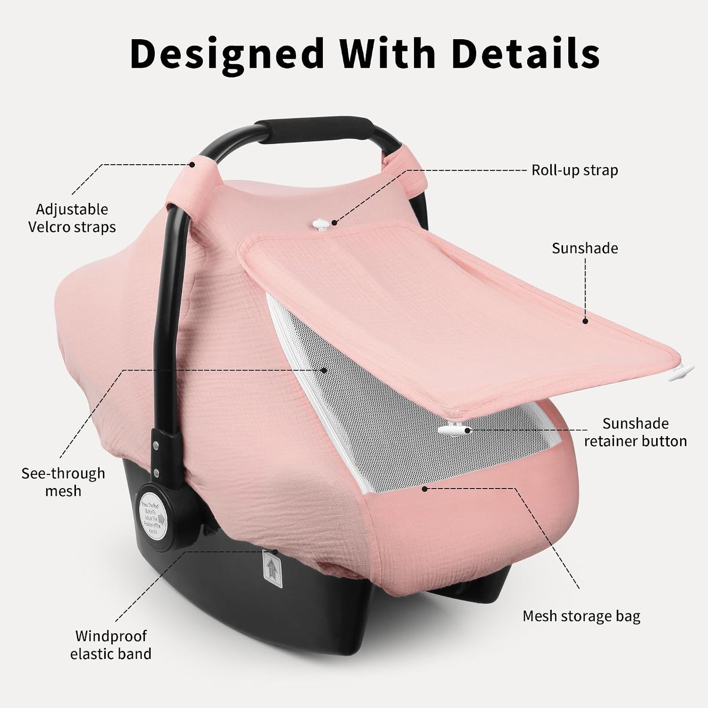 Rquite Car Seat Cover Baby, Carseat Covers Girl Boy, Breathable Muslin Cotton, Large Mesh Window, Infant Car Seat Canopy Baby Carrier Cover Stroller Sun Shade for Summer & Hot Day, Pink
