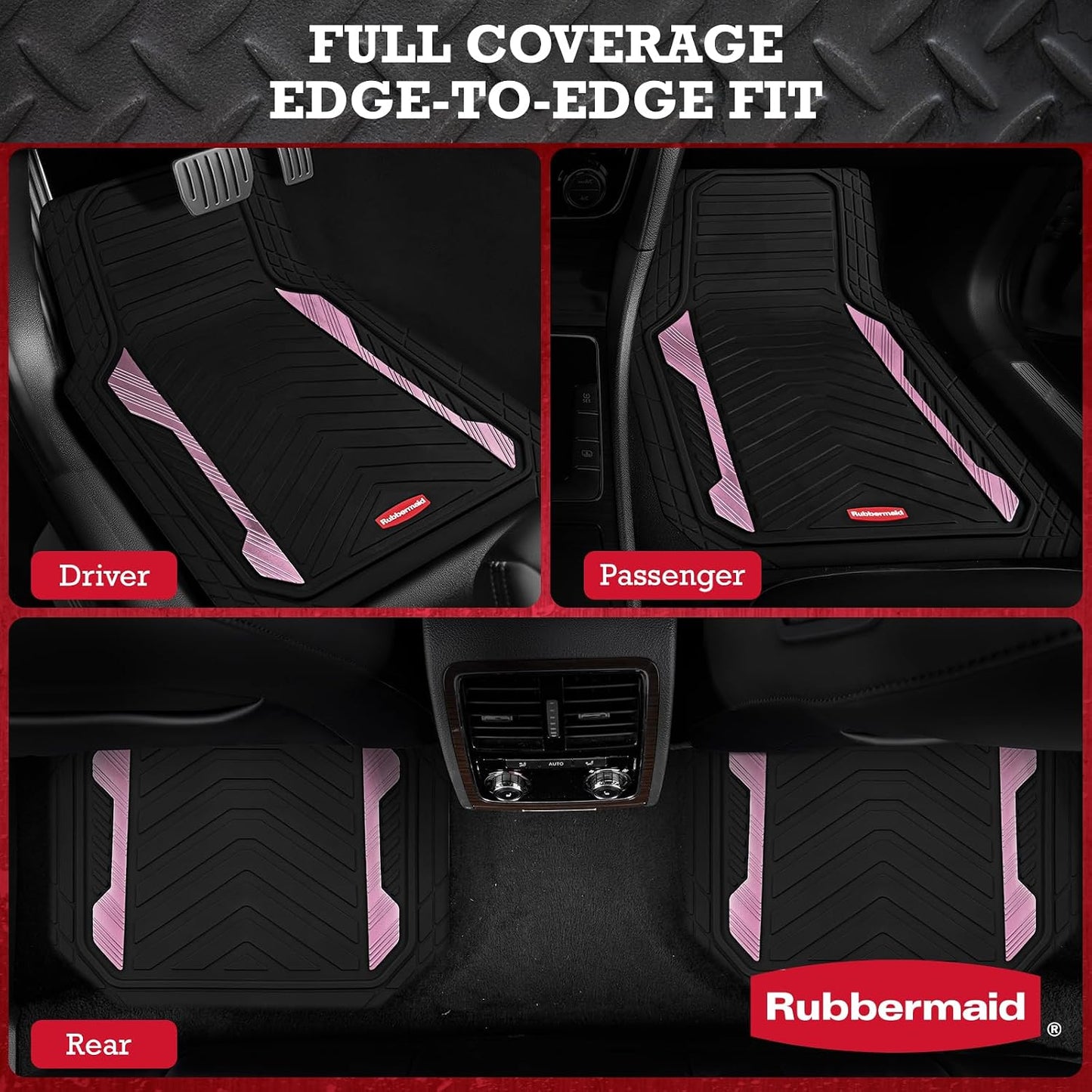 Rubbermaid Car Floor Mat, Heavy Duty All-Weather Car Mats Full Set with Dual-Tone Pink Aluminum Inserts – Universal Fit, Anti-Slip Backing, Trim-to-Fit for Most SUV, Sedan, Van