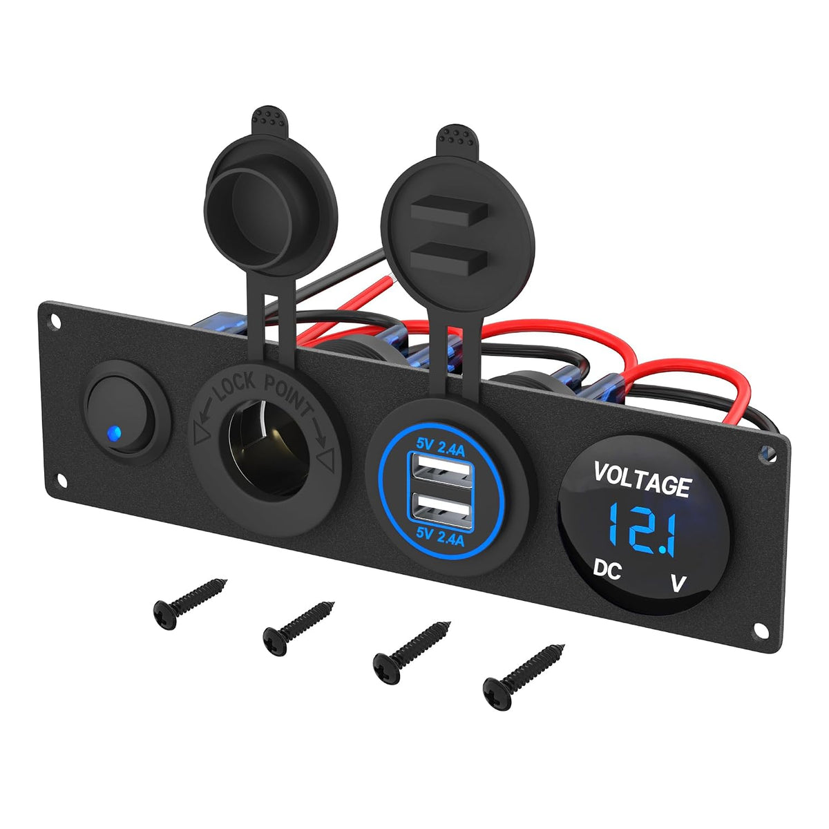 RVMARINEPAT 4 in 1 12V USB Panel with LED Voltmete & Dual USB Charger Socket Power & Cigarette Lighter Socket & Red LED Lighted Toggle Switch Panel for Boat Car RV Golf Cart ATV