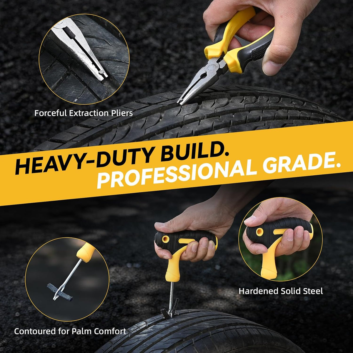 Flat Tire Repair Kit with Air Compressor, 150PSI Portable Air Pump with Auto-Stop & LED, Heavy Duty Tire Plug Kit for Car, SUV, Truck, Jeep, Motorcycle, Roadside Emergency Assistance (YELLOW)
