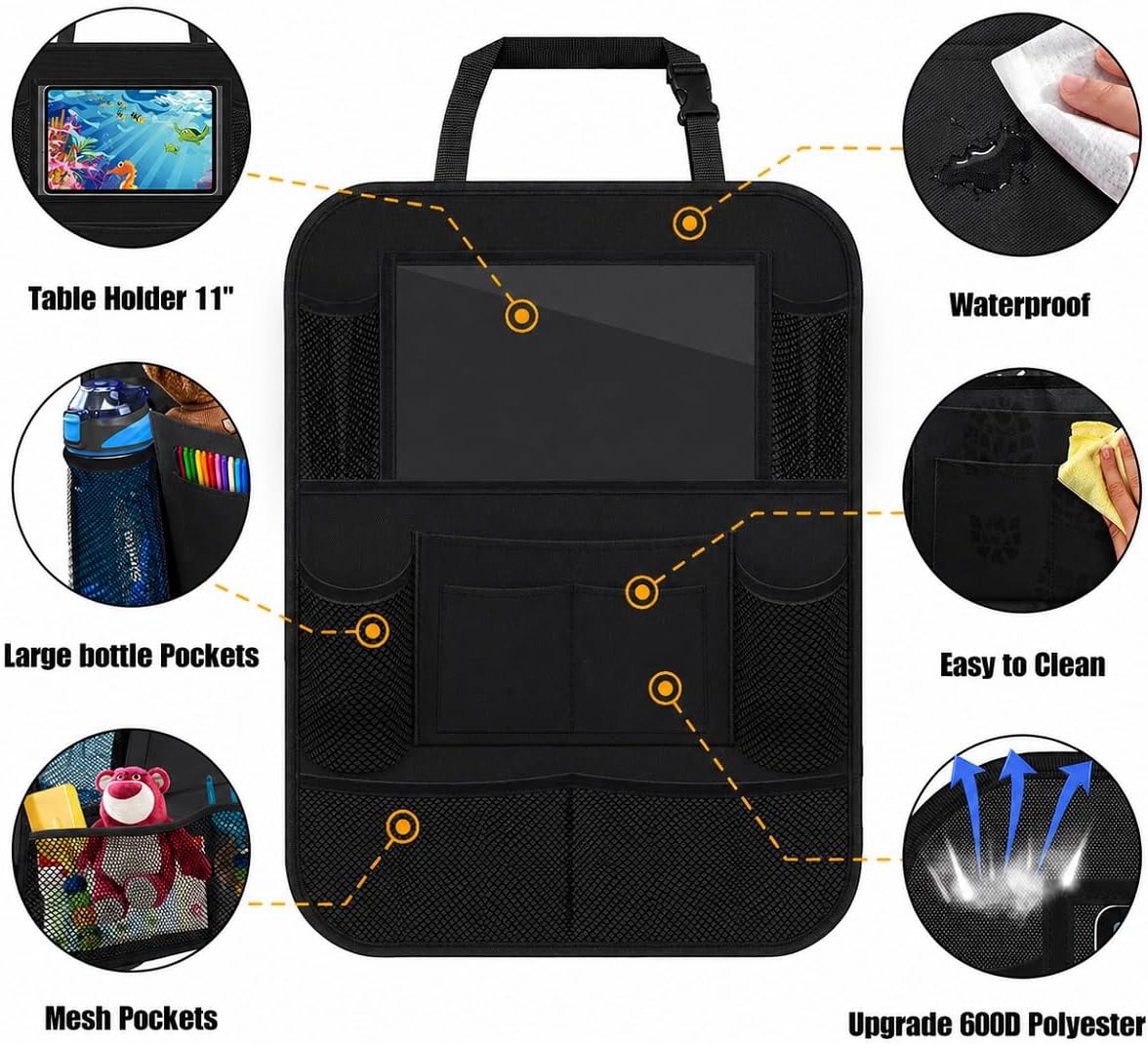 ULEEKA Car Backseat Organizer with 10" Table Holder, 9 Storage Pockets Seat Back Protectors Kick Mats for Kids Toddlers, Travel Accessories, 2 Pack