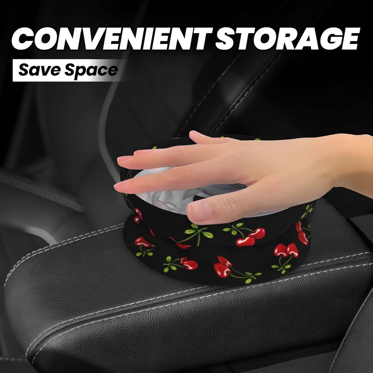 Red Cherry Hearts Car Trash Can 1 Hanging Trash Bag+2 Car Cup Coasters Set