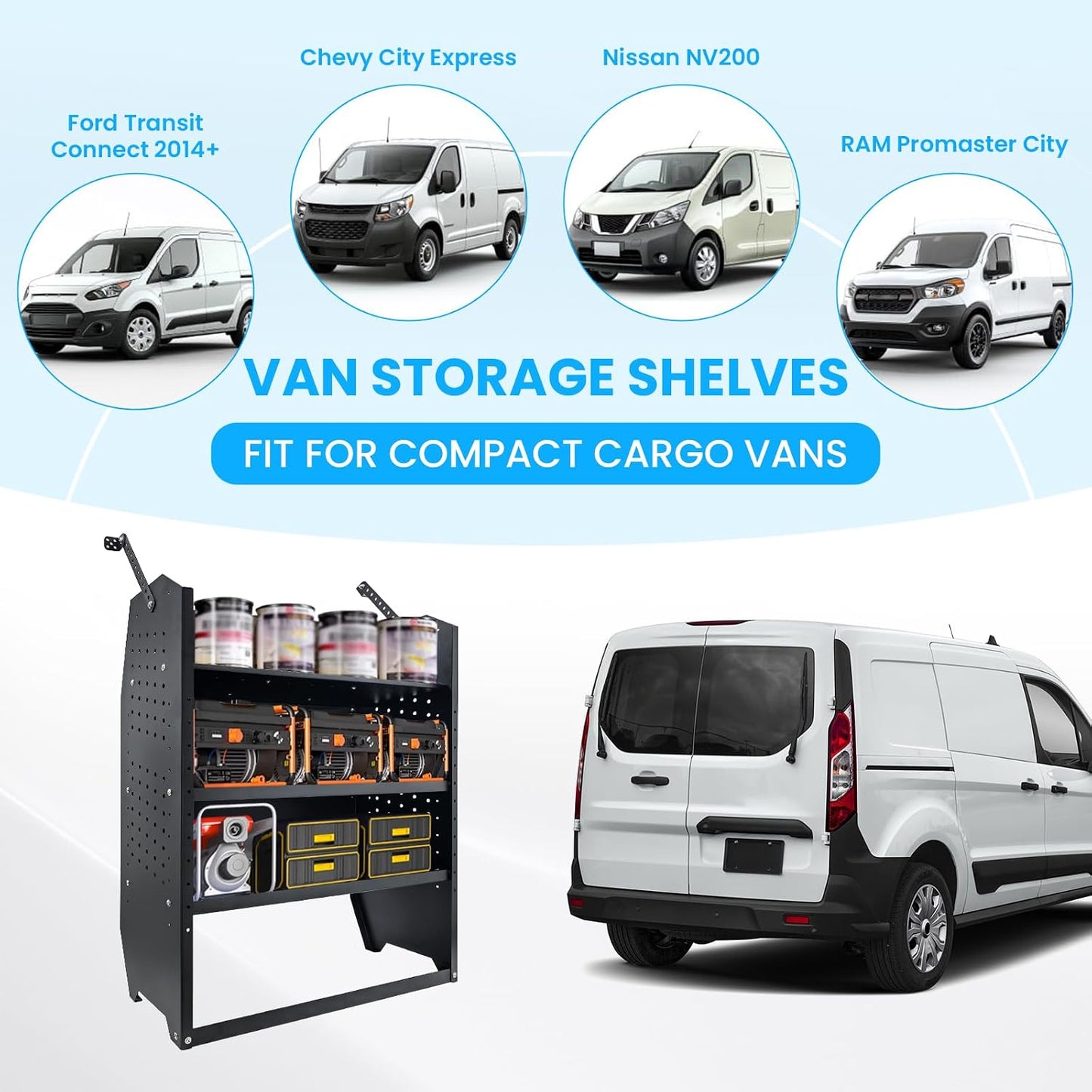 Steel Cargo Van Shelving Storage System Adjustable Height Fit for Ford Transit Connect 2014+, Ram Promaster City, Chevy City Express, NV200 32" W x 43" H x 13" D