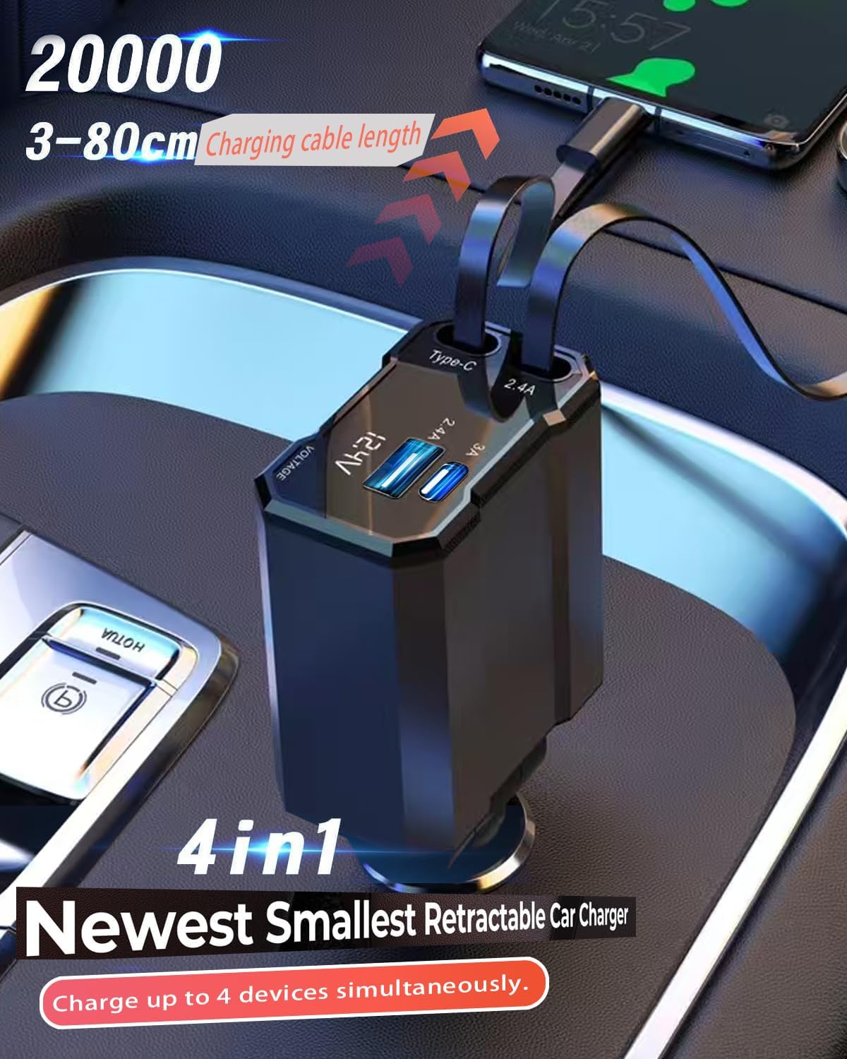 Retractable Car Charger, 4 in 1 Fast Car Charging USB C