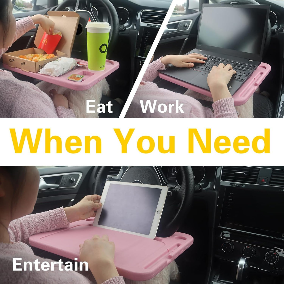 4 in 1 Car Steering Wheel Tray with Dual Sauce Dip Holder and Tablet Holder,Car Table Food Trays for Eating,Driver Desk Fit Most Auto Vehicle Steering Wheels (Pink, Large)