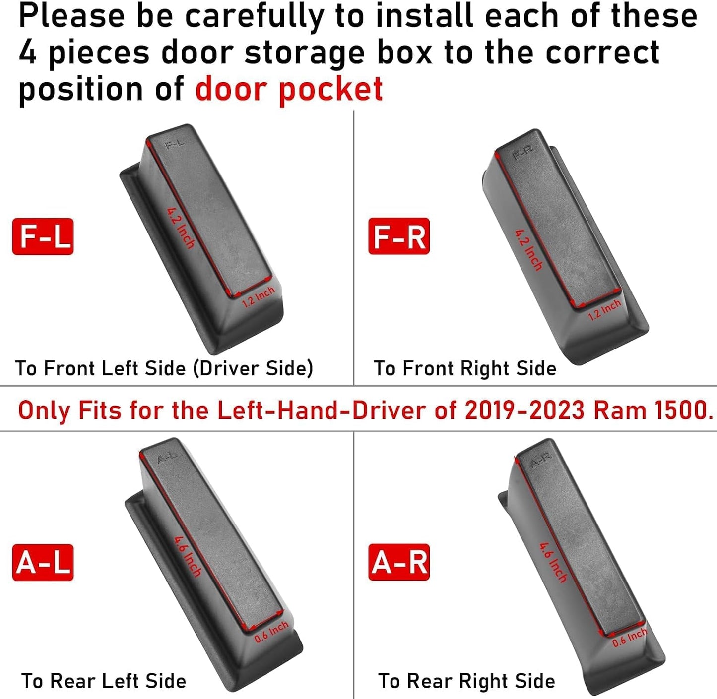 TTCR-II for Ram 1500 Door Side Organizer Tray 2019 2020 2021 2022 2023 2024 2025 2026, for Ram 1500 Door Pocket Insert 4 Pcs with White-Lines Mats (Does not fit 2500 3500)