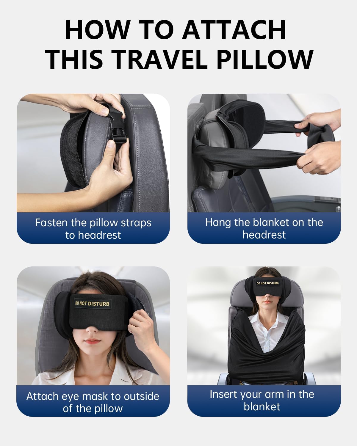 Travel Pillow and Blanket Set, Compact Airplane Pillow Bag with Eye Mask for Long Flights Sleeping, 360° Support Head Strap Travel Essentials for Plane Sleep Neck Upright, Stop Head Bodding (Black)