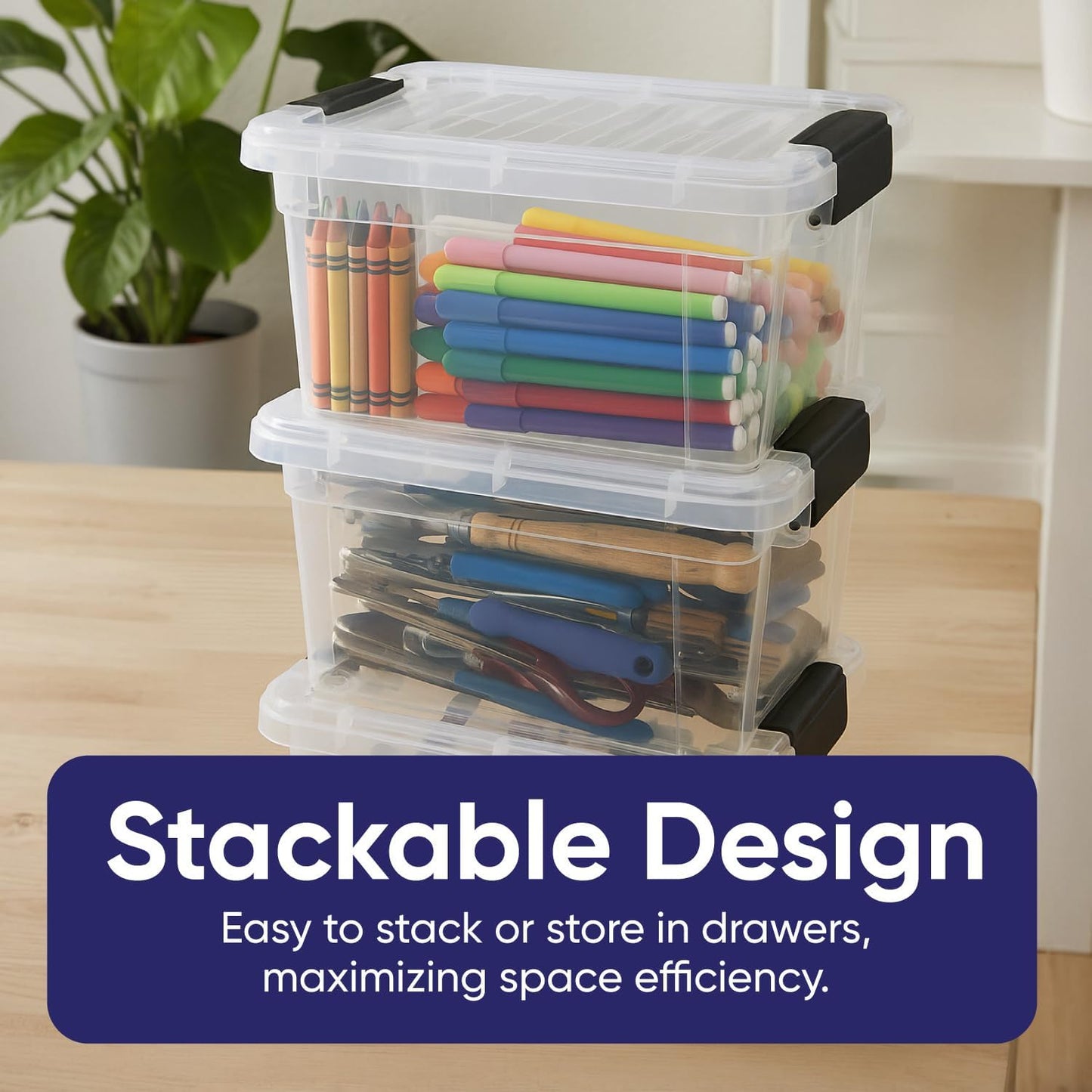 Superio Mini Storage Container Plastic Crayon Box Art Supplies and Sewing Case Stackable Clear Small Organizer for Beads, Stationery, Chalk, and Food, 1.4 Quart, 2 Pack